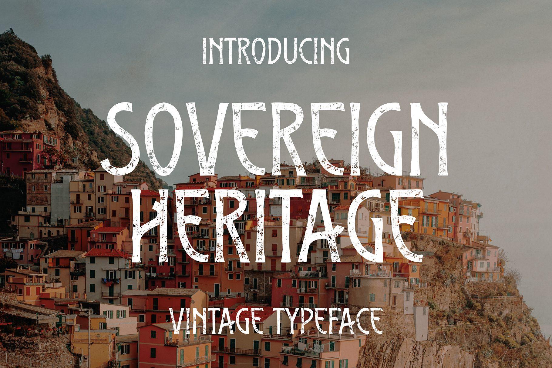 Sovereign Heritage Font by HipFonts, tall narrow white capitals with chipped strokes over a photo of a hillside town