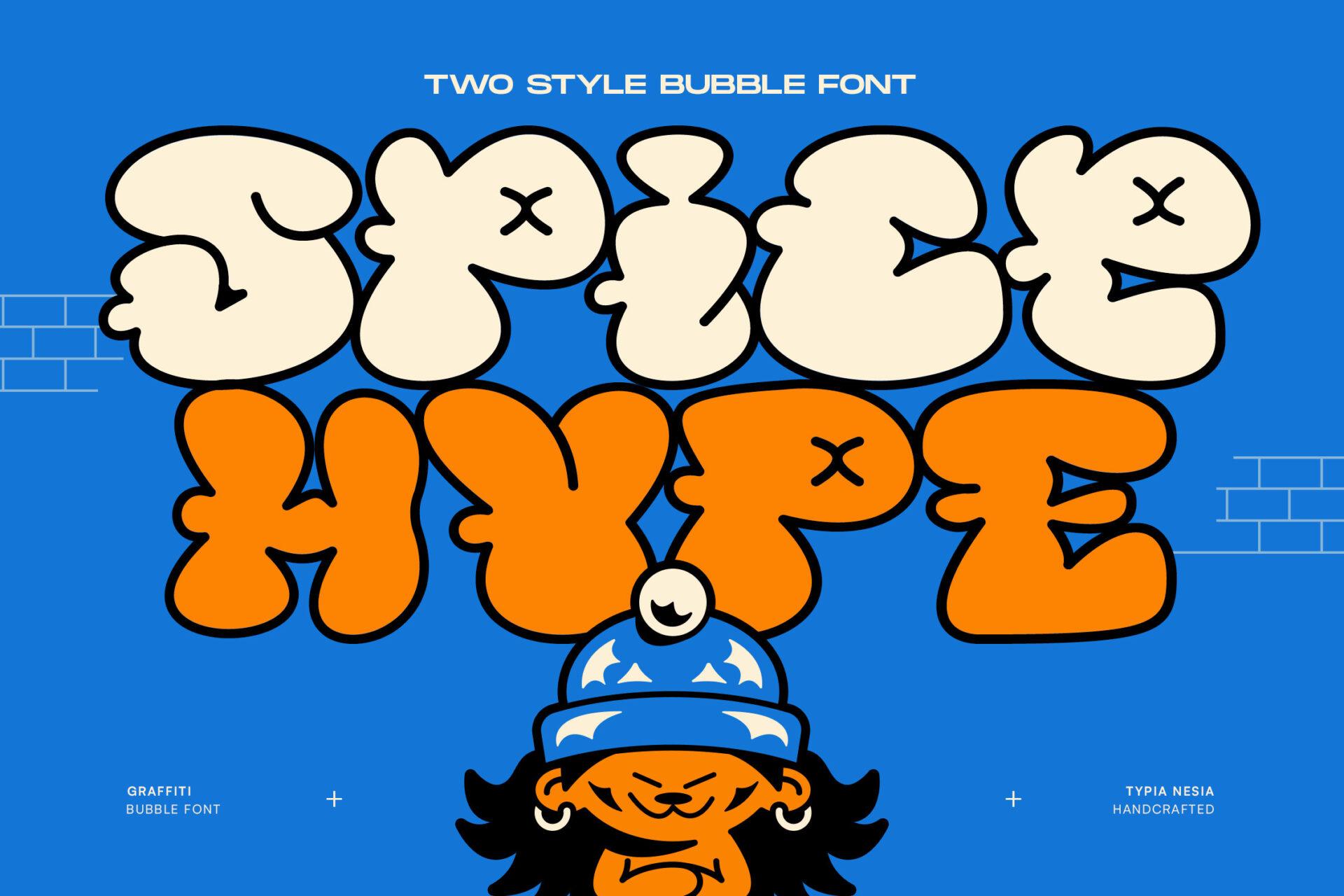 Spice Hype Font by Typia Nesia, orange balloon bubble letters on bright blue font preview
