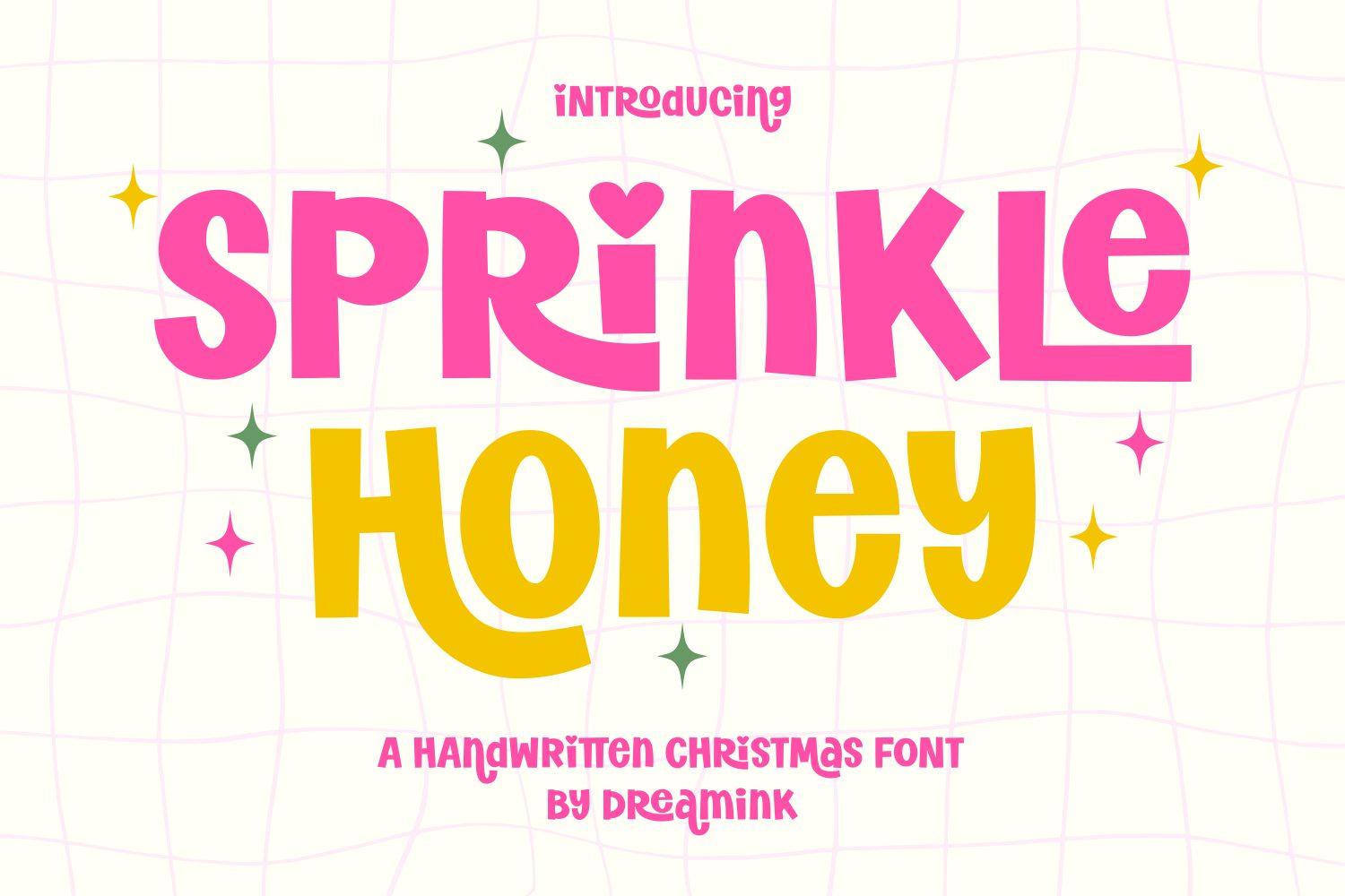 Sprinkle Honey Font by Dreamink (7ntypes), chunky bouncy letters in pink and yellow