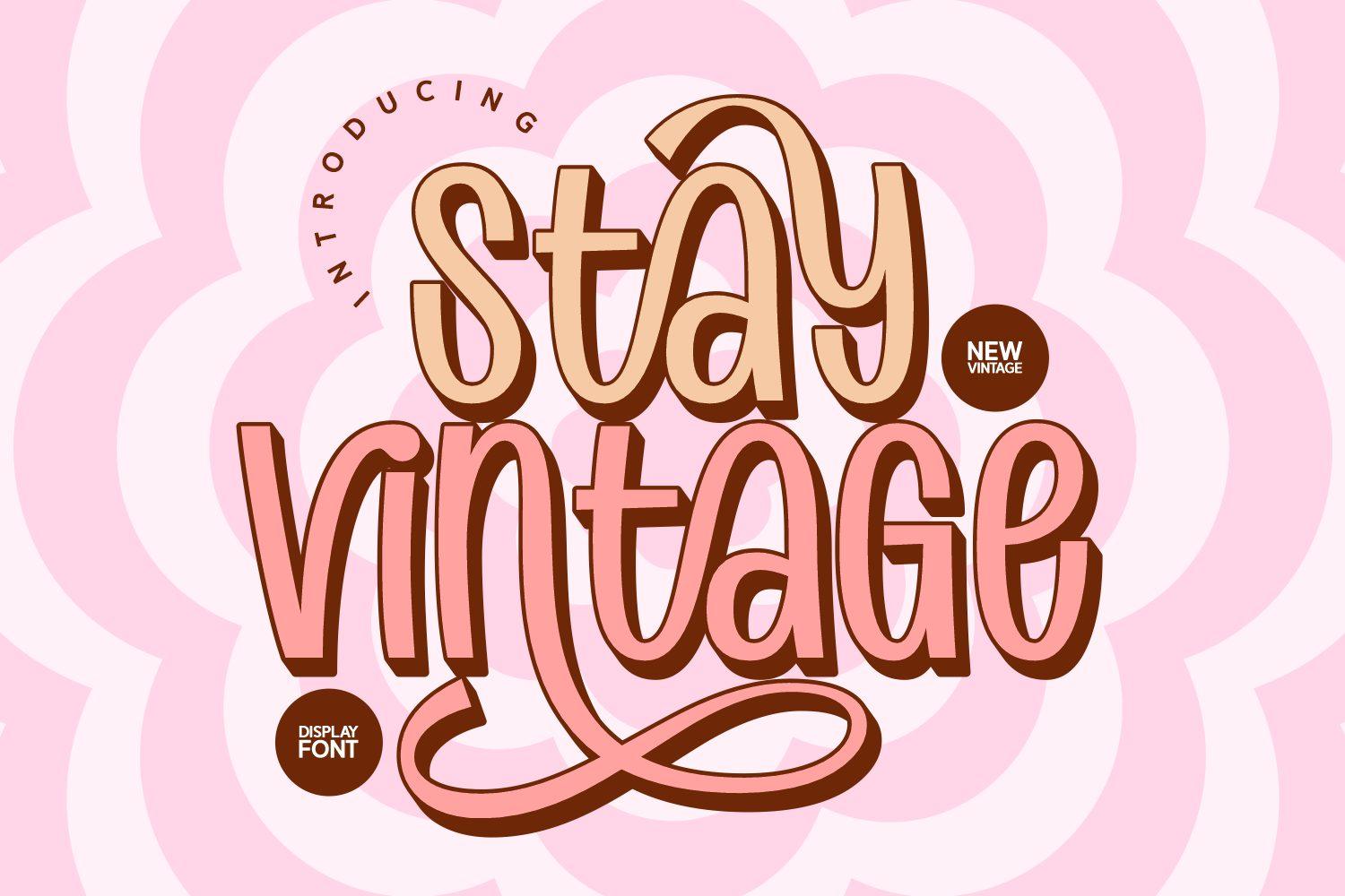 Stay Vintage Font by Anto (7NTypes), tall slim peach letters with a brown outline and a looped tail on a pink flower-shaped preview