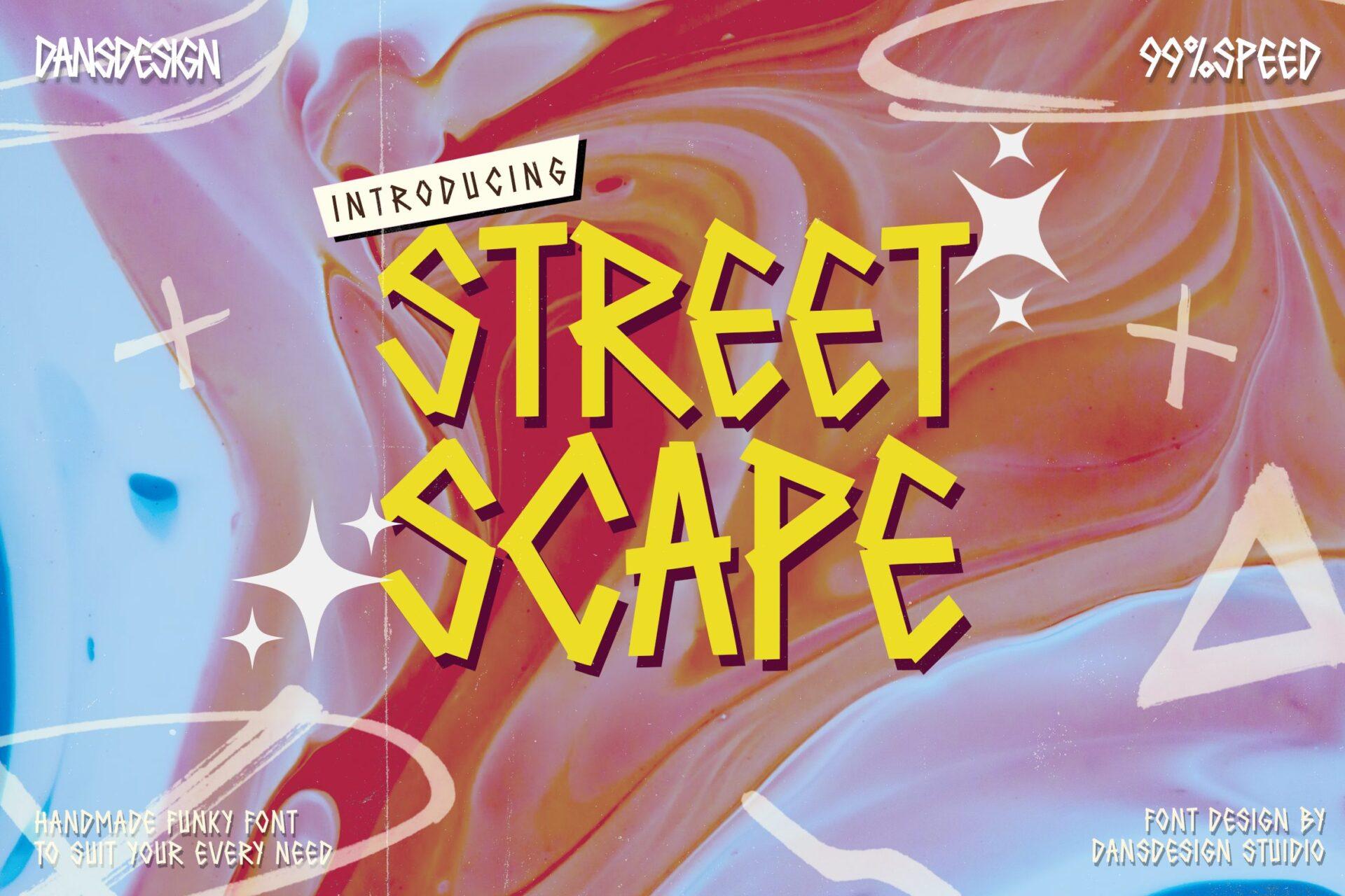 Street Scape Font by Dansdesign, yellow hand-drawn funky letters on marbled pink background