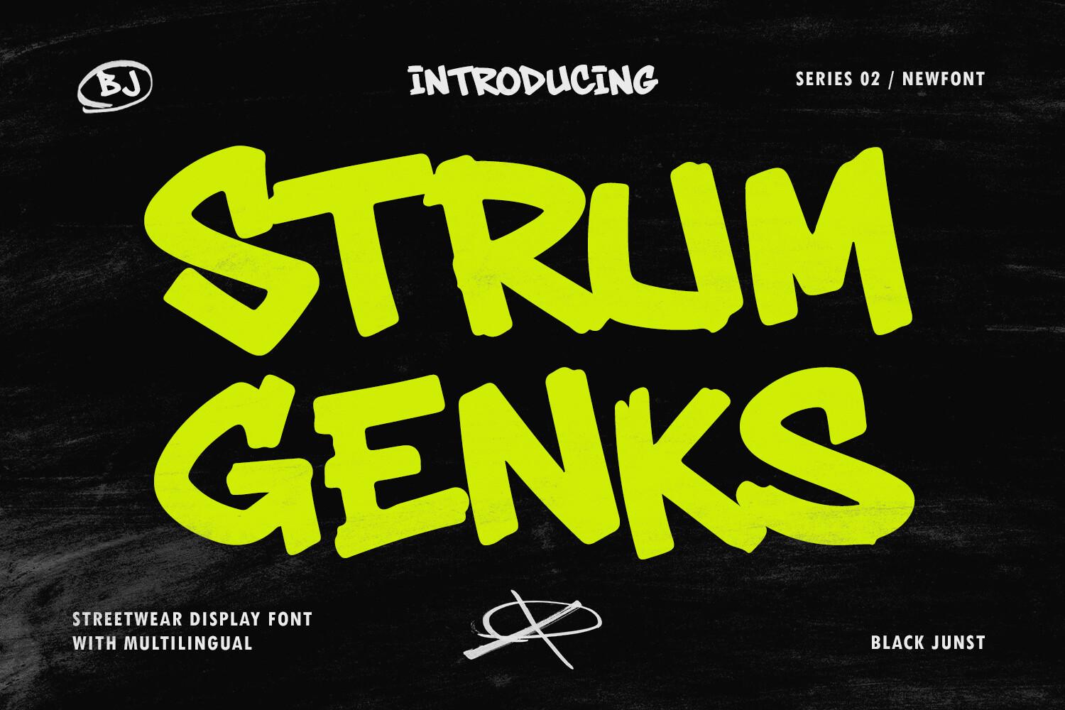 Strum Genks Font by Black Junst, chunky lime-green graffiti capitals on black font preview
