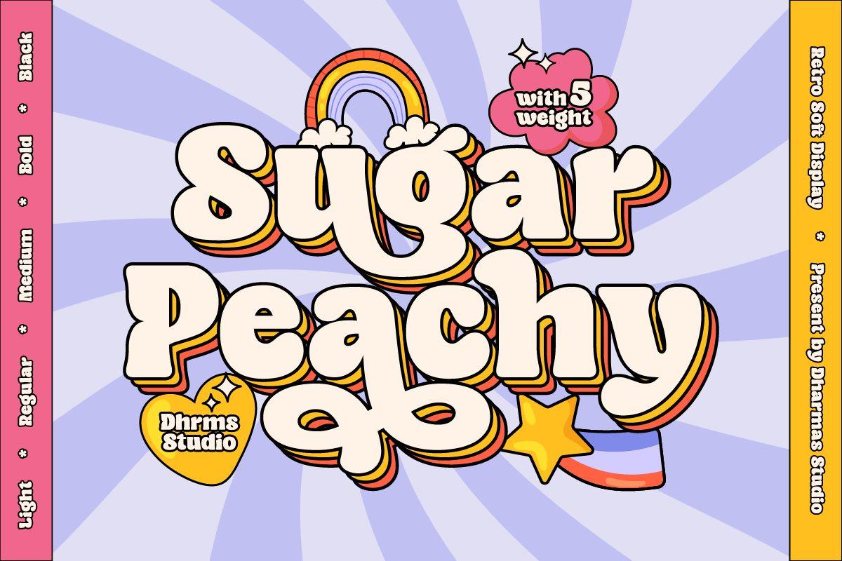 Sugar Peachy Font by Dharmas Studio, chunky retro letters with layered orange shadows