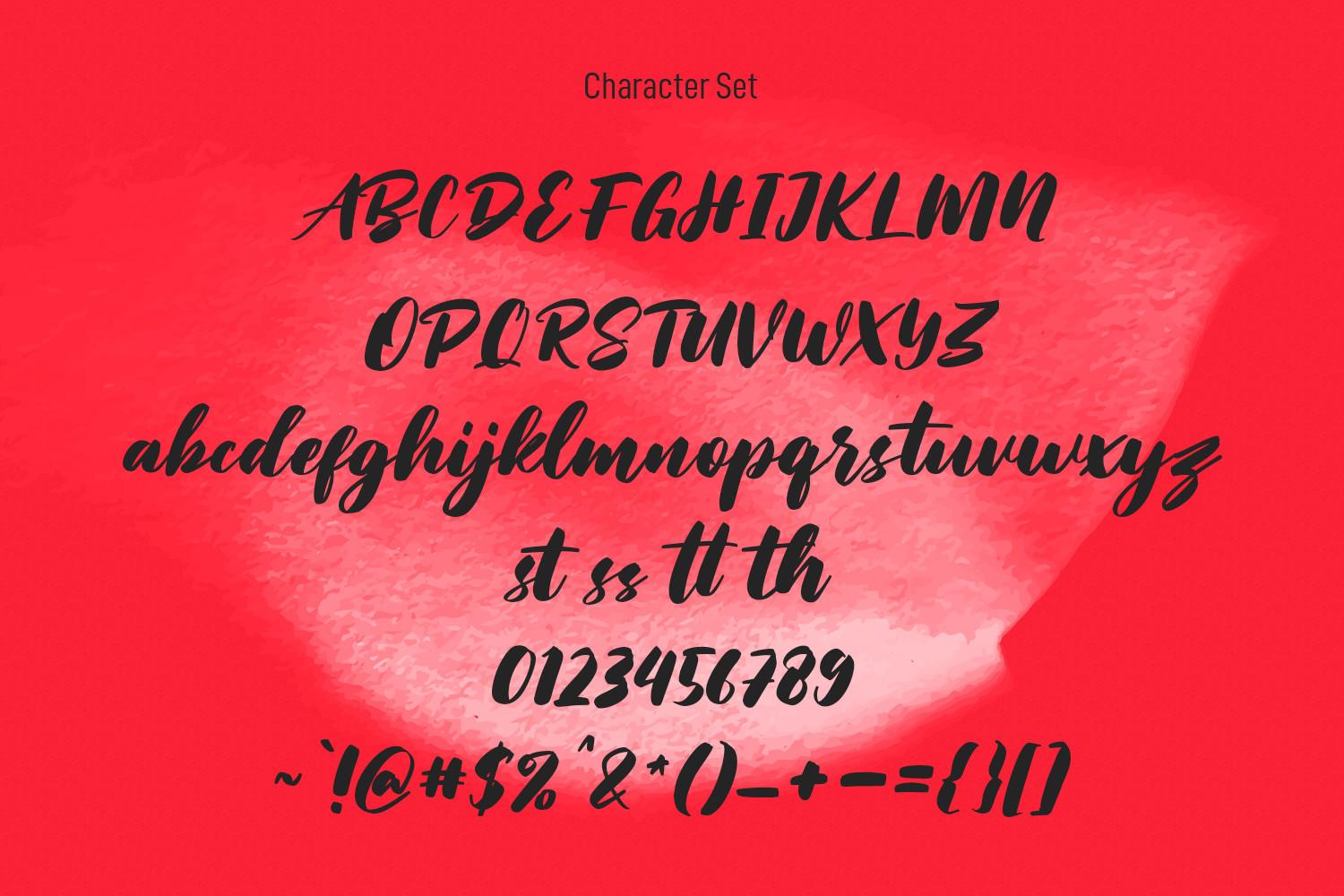 Sunday Serve Font by Maulana Creative character set with brush script letters, numbers and ligatures