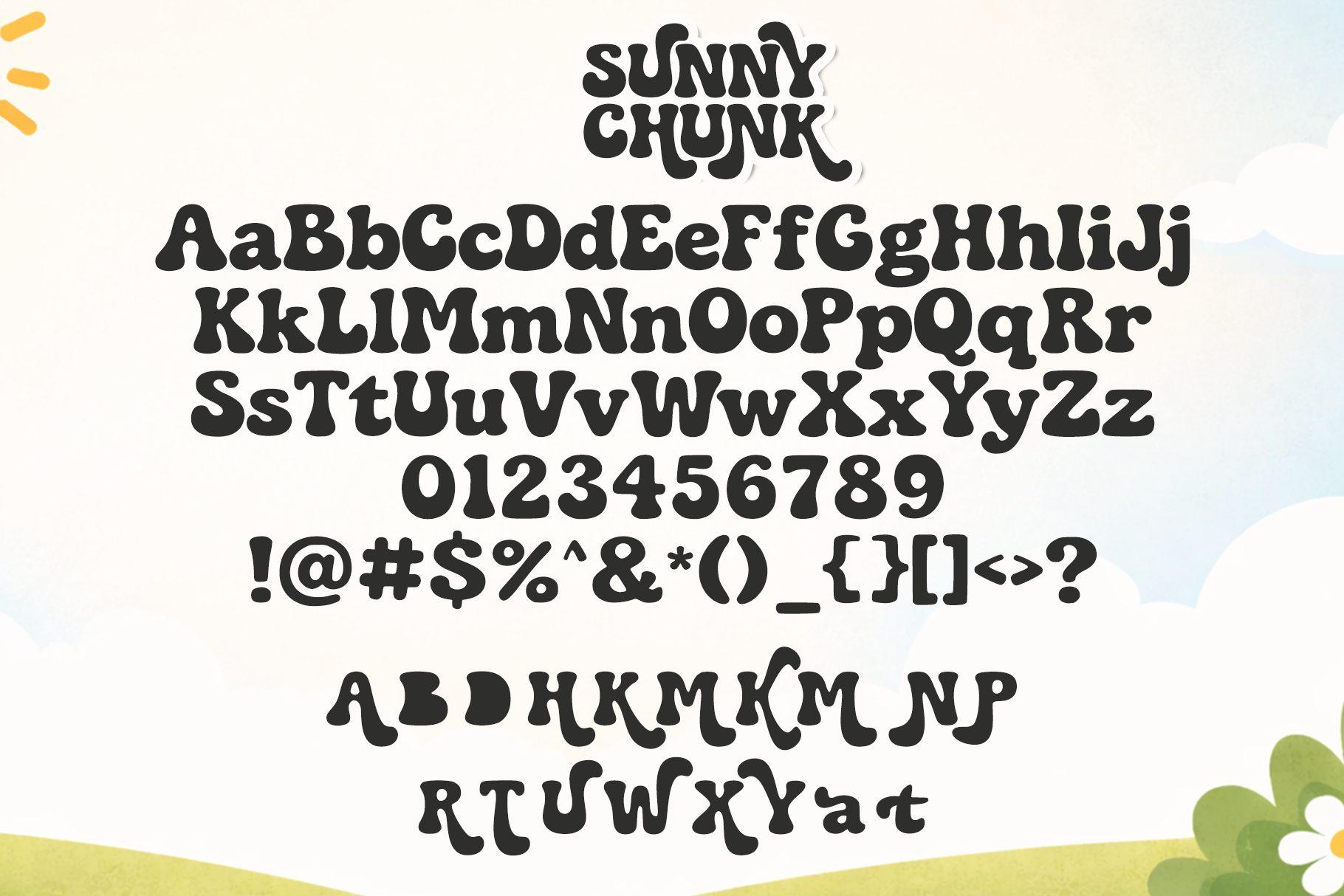 Sunny Chunk Font by cocodesign alphabet with bouncy uppercase, lowercase, numbers and alternate capitals