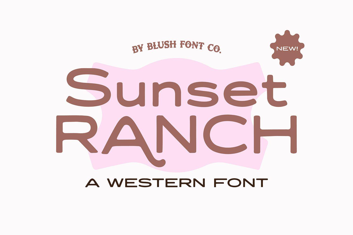 Sunset Ranch Font by blushfontco, wide rounded mauve letters on a pink blob preview