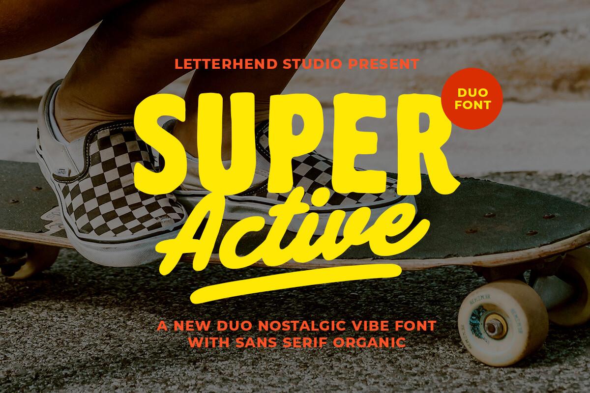 Super Active Font by letterhend, yellow rounded capitals with a brush script font pairing preview