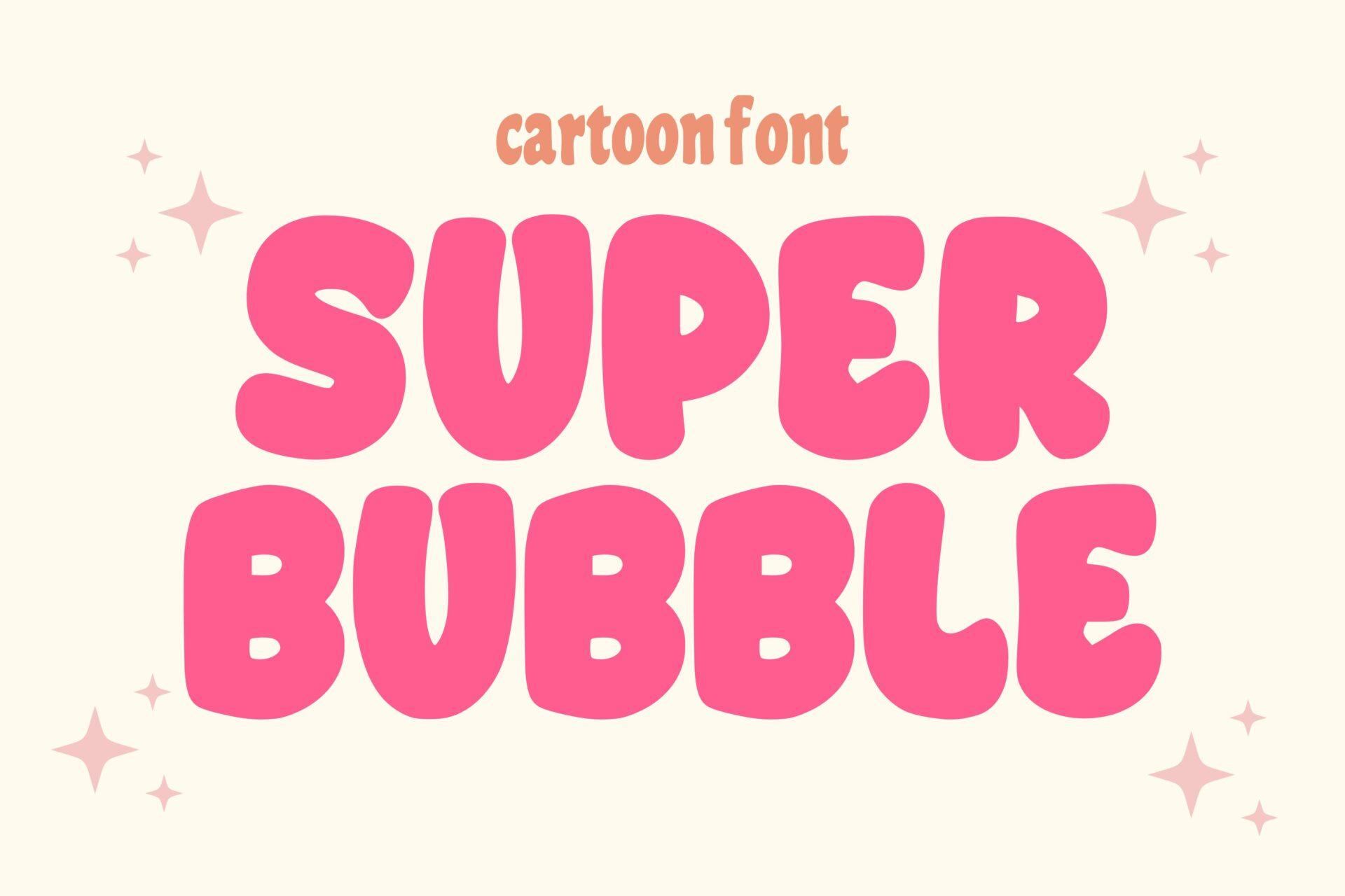 Super Bubble Font by anamalmusyaffaCreative, hot pink bouncy cartoon capitals on a cream background