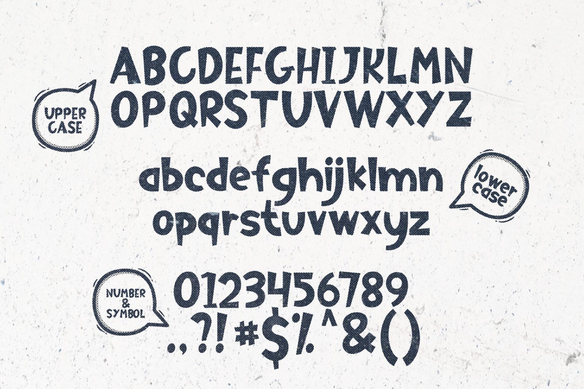 Superiot Font by memetxsaputra alphabet with comic uppercase, lowercase, numbers and symbols