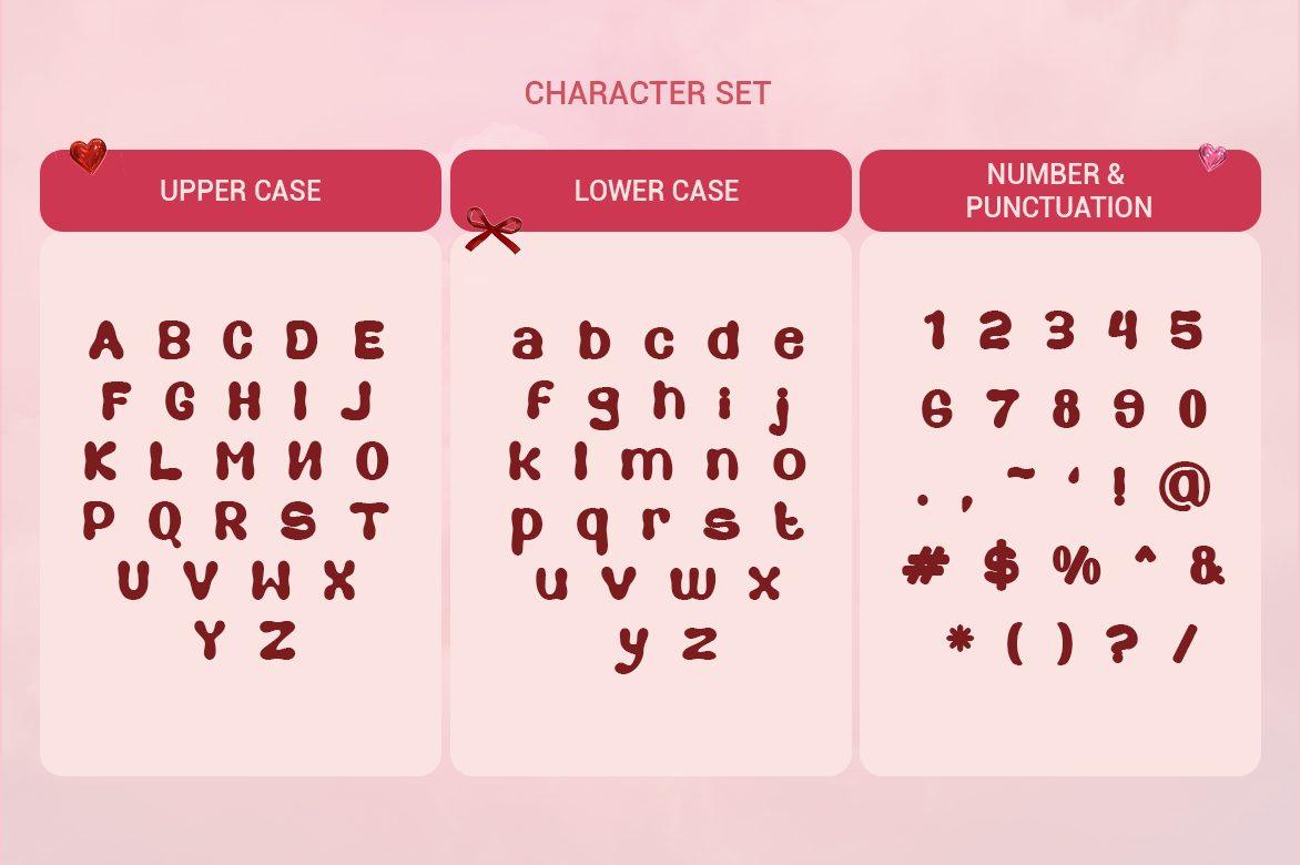 Sweet Joy Font by Vadova Std character set, bold rounded candy-style letters in burgundy