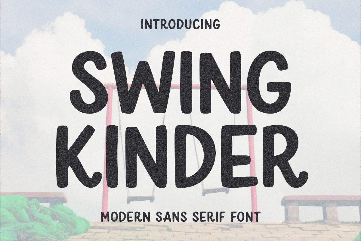 Swing Kinder Font by Minimalist Eyes, bold wobbly capitals stacked over a sky photo