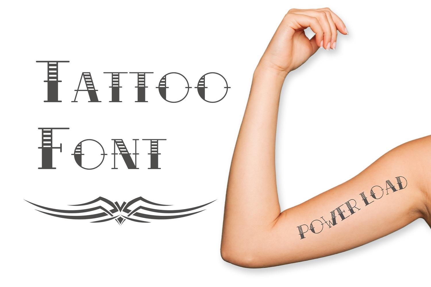 Tattoo Font by OWPictures, grey inline capitals with a tribal ornament and a forearm tattoo mockup, tattoo font preview