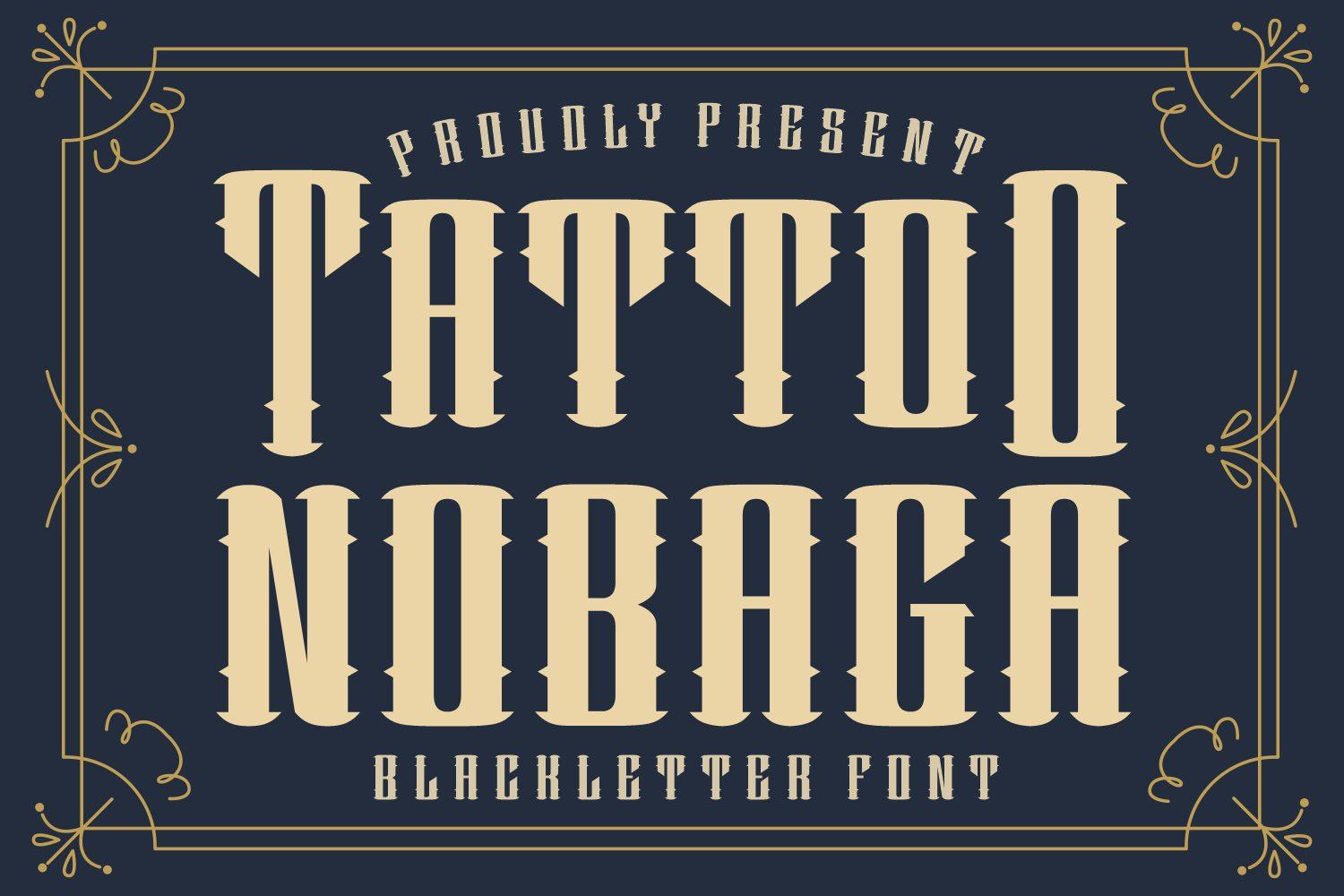 Tattoo Nobaga Font by Creative Fabrica Fonts, cream condensed capitals with pointed spurs inside an ornate frame, tattoo font preview