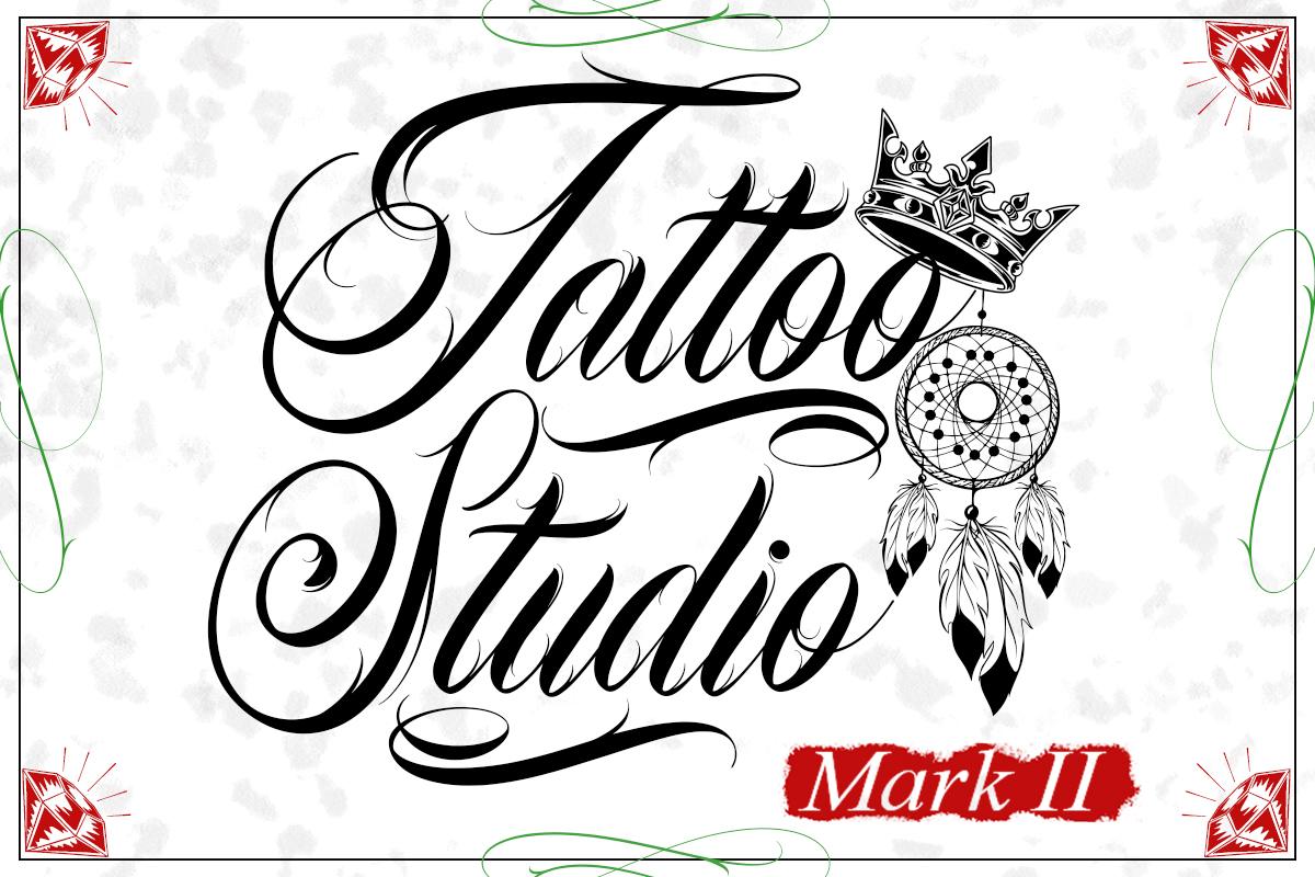 Tattoo Studio Font by Tabriiz, black slanted tattoo script with looped capitals stacked on two lines, tattoo font preview