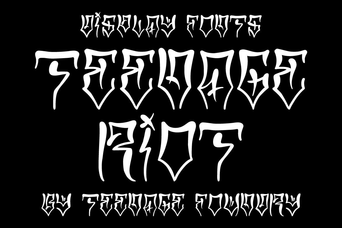 Teenage Riot Font by teenagefoundry, white spiky hand-drawn gothic letters on a black preview