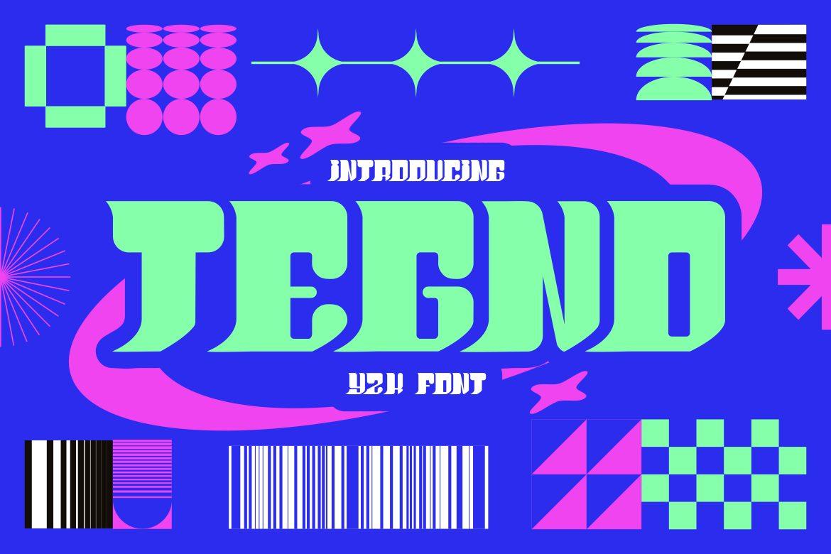Tegno Font by putracetol, mint wide Y2K display letters on blue with pink swoosh
