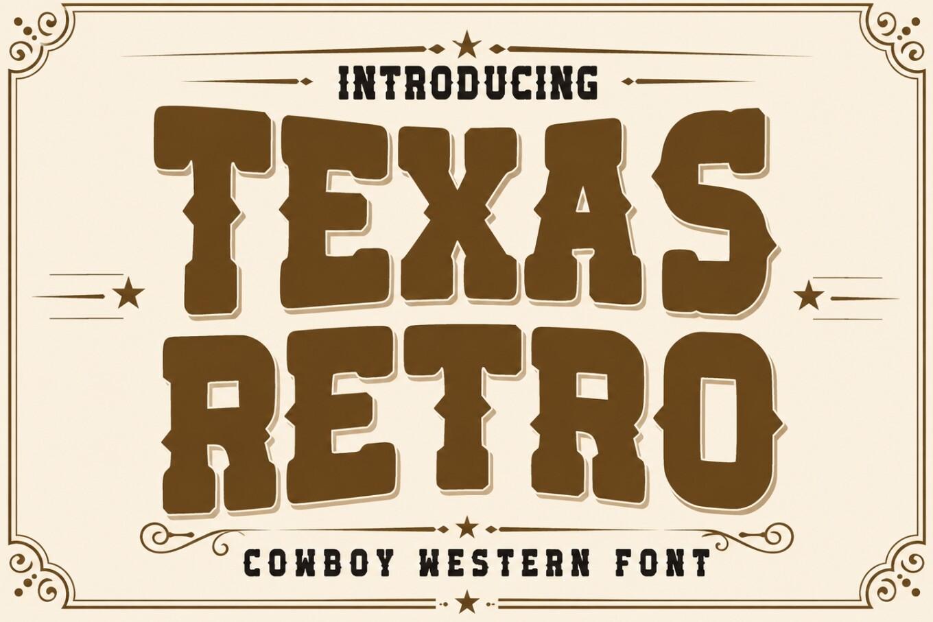 Texas Retro Font by WNIdesign, wide brown spur-serif capitals inside an ornate frame on a cream preview