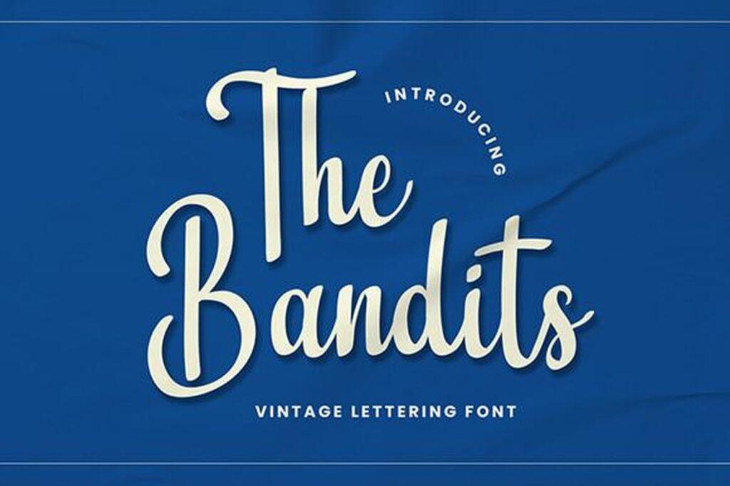 The Bandits Font by Bluestype Studio, cream retro script with heavy slanted letters on a deep blue background