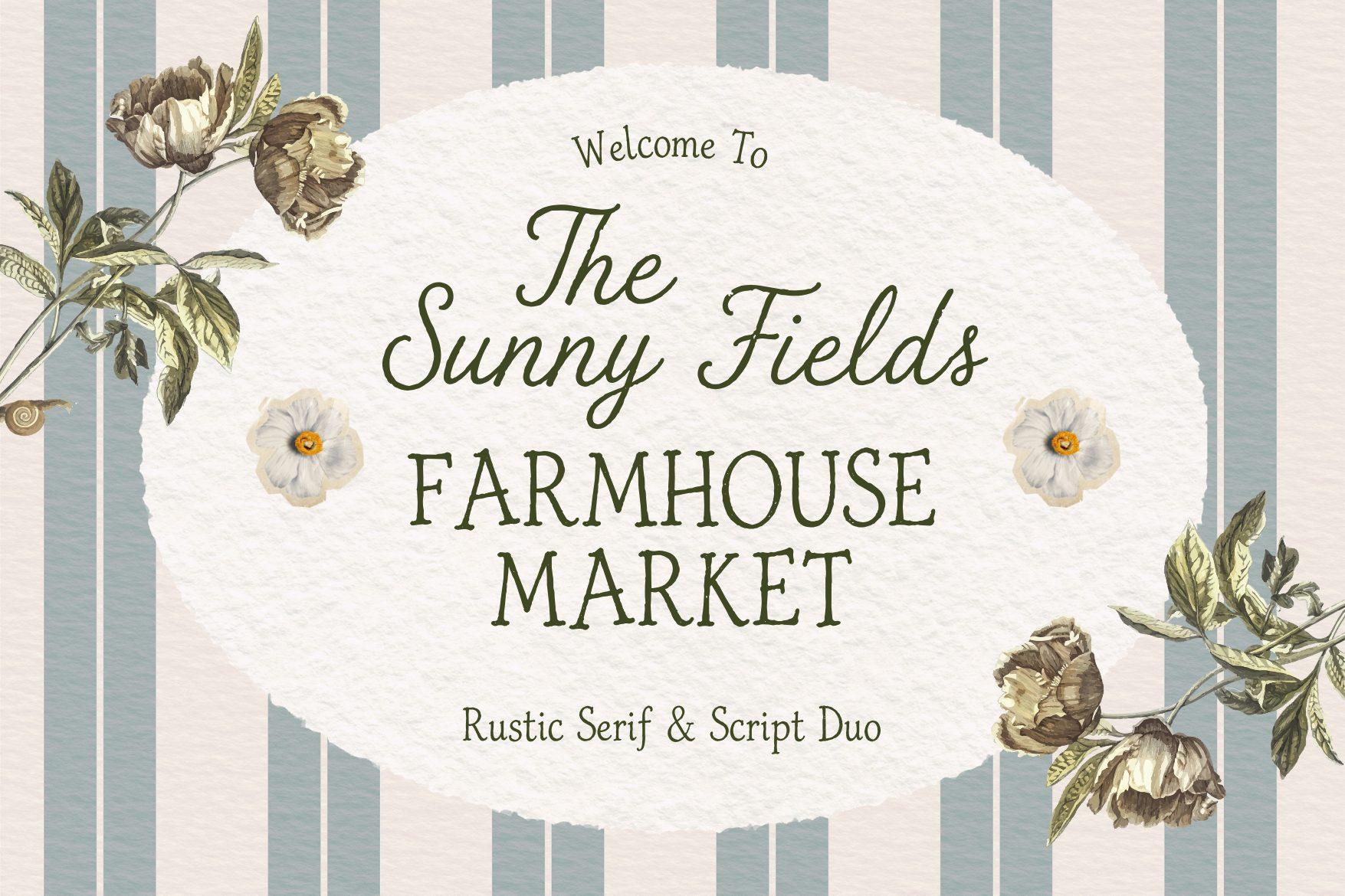 The Sunny Field Font by Creacy Studio, rustic serif capitals with a soft script and flowers font pairing preview
