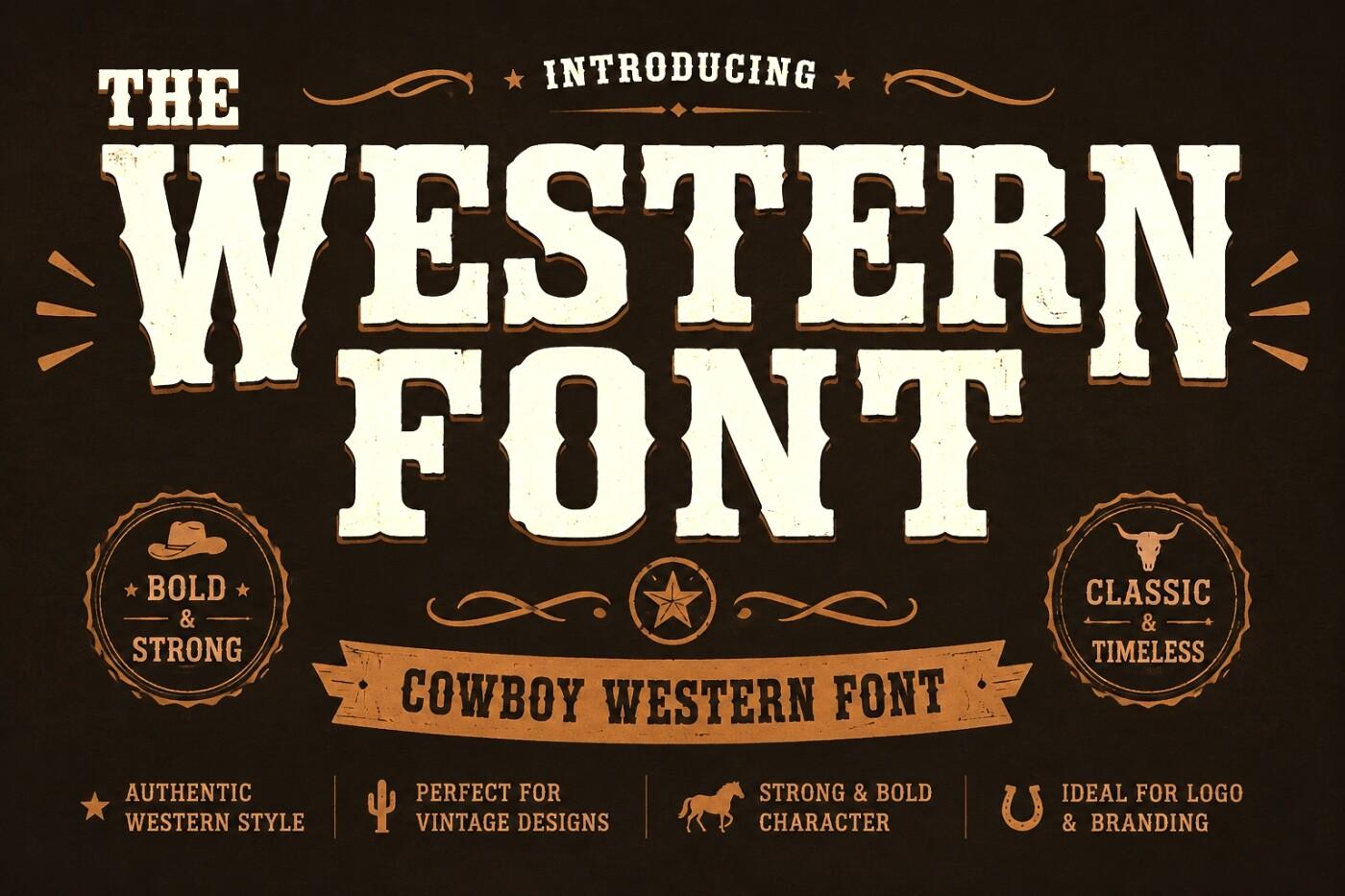 The Western Font by WNIdesign, cream condensed slab capitals on a dark brown western poster preview