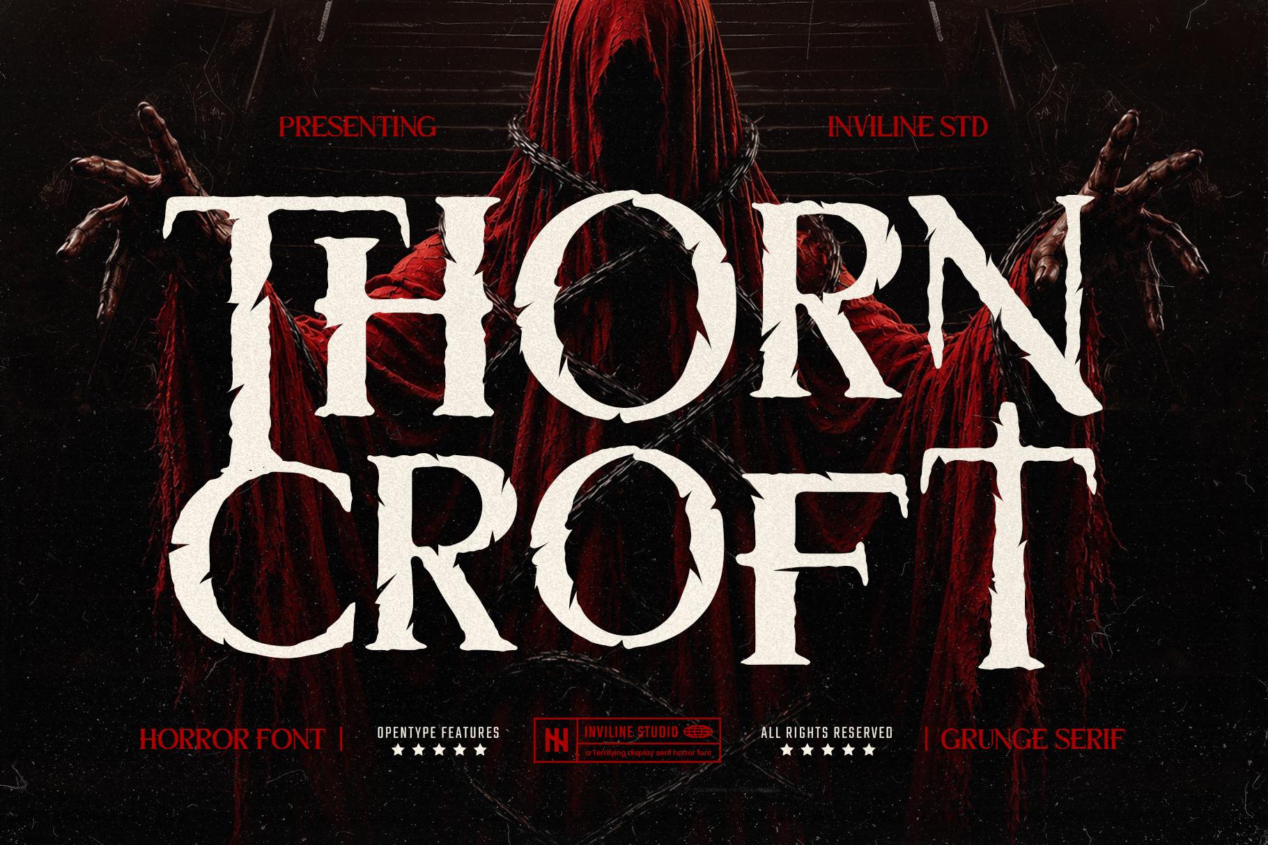 Thorncroft Hex Font by Inviline, grunge serif capitals with thorn-like spikes on a dark background