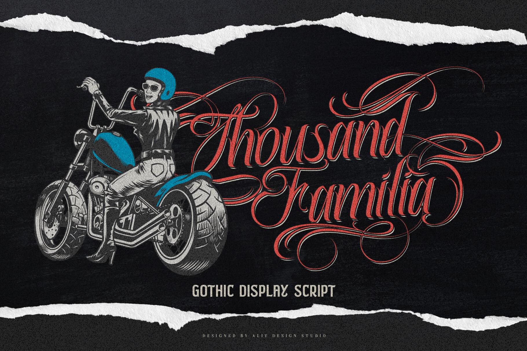 Thousand Familia Font by Alit Design, red gothic display script with long swashes beside a motorcycle illustration, tattoo font preview