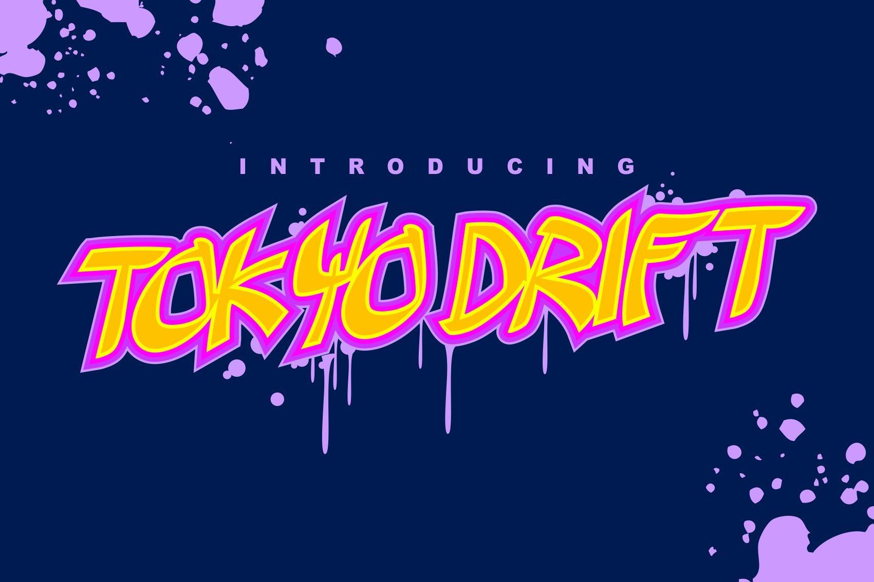 Tokyo Drift Font by azkaryzki, slanted yellow graffiti letters with a magenta outline on navy font preview