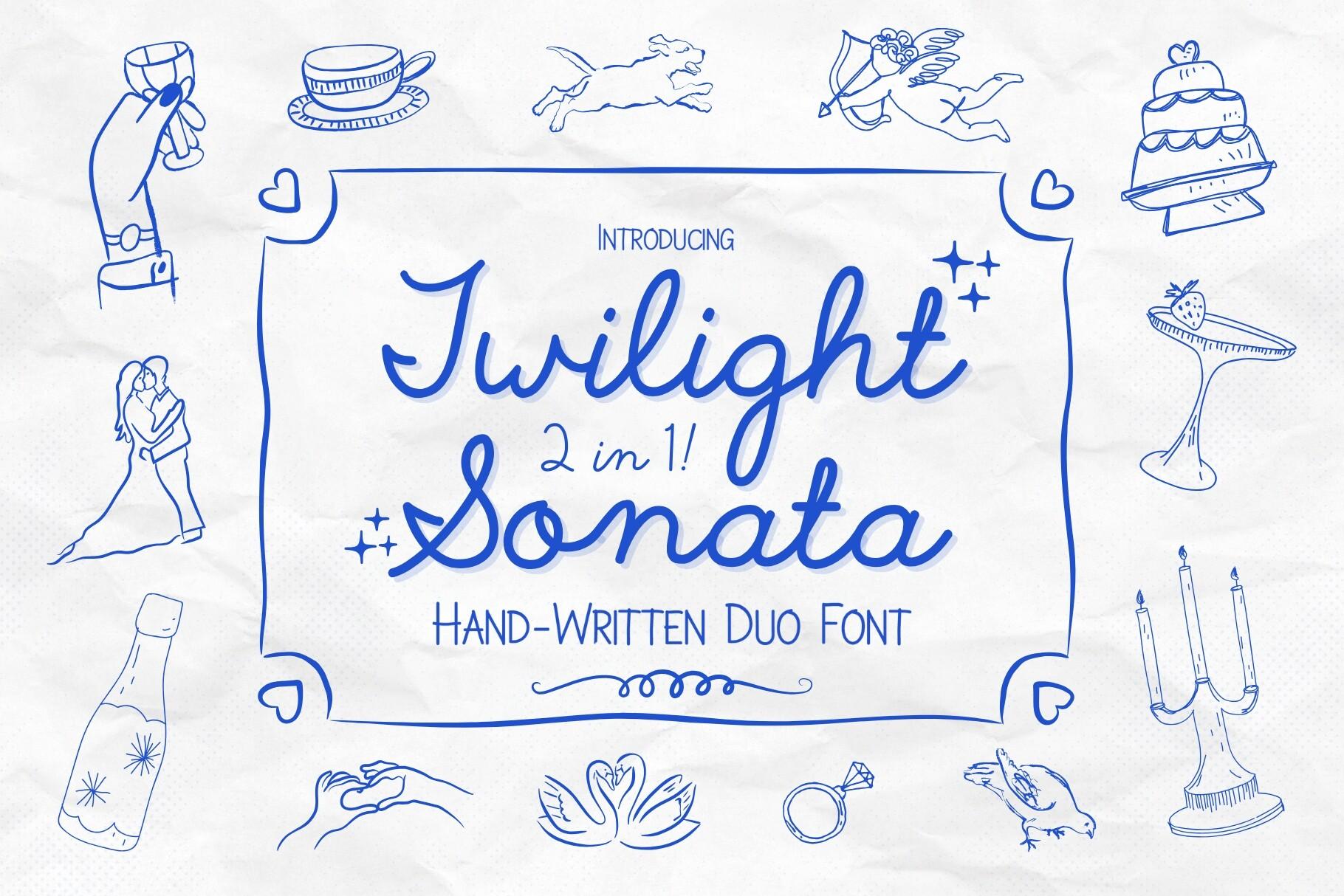 Twilight Sonata Font by HipFonts, hand-written duo font in blue with doodles