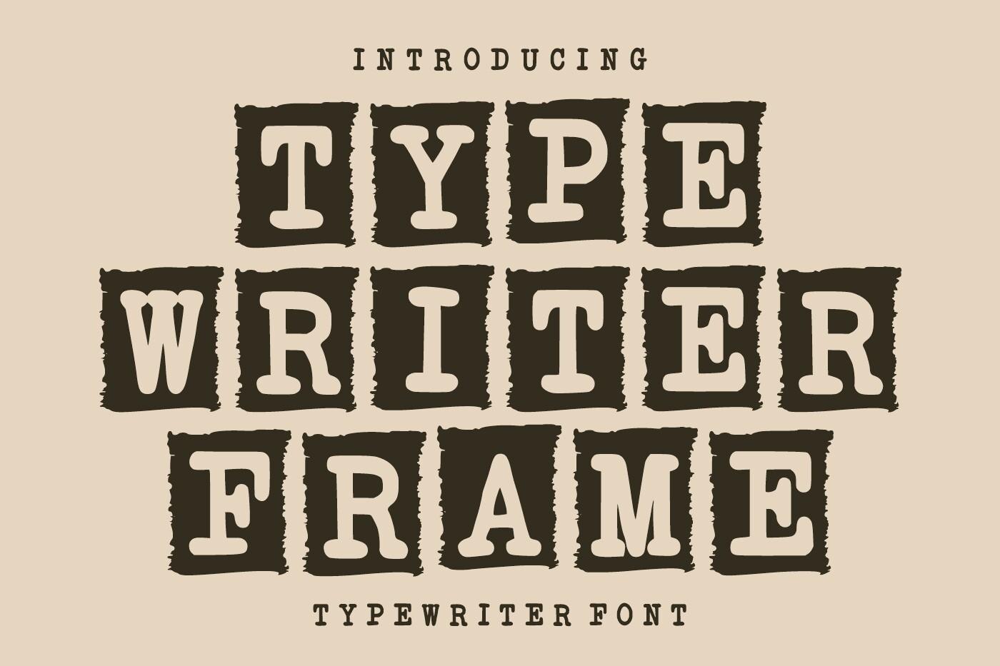 Typewriter Frame Font by Infinity art Studio, cream typewriter letters in rough dark square tiles on a beige preview