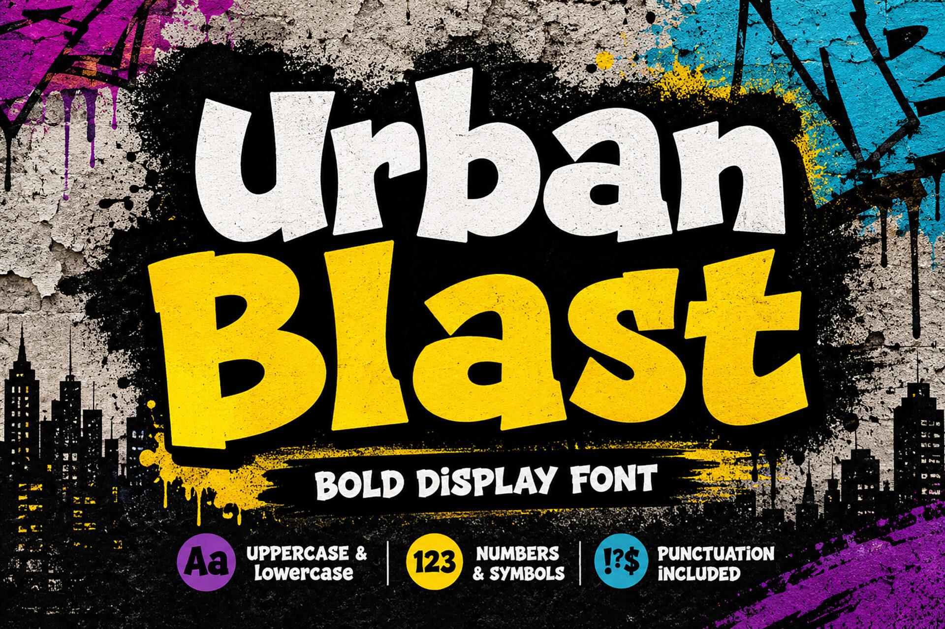 Urban Blast Font by Bundle, chunky white and yellow graffiti display letters on a gray wall font preview