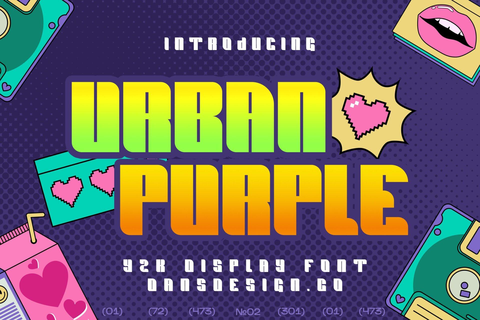 Urban Purple Font by Dansdesign, gradient condensed Y2K letters with pixel hearts on purple