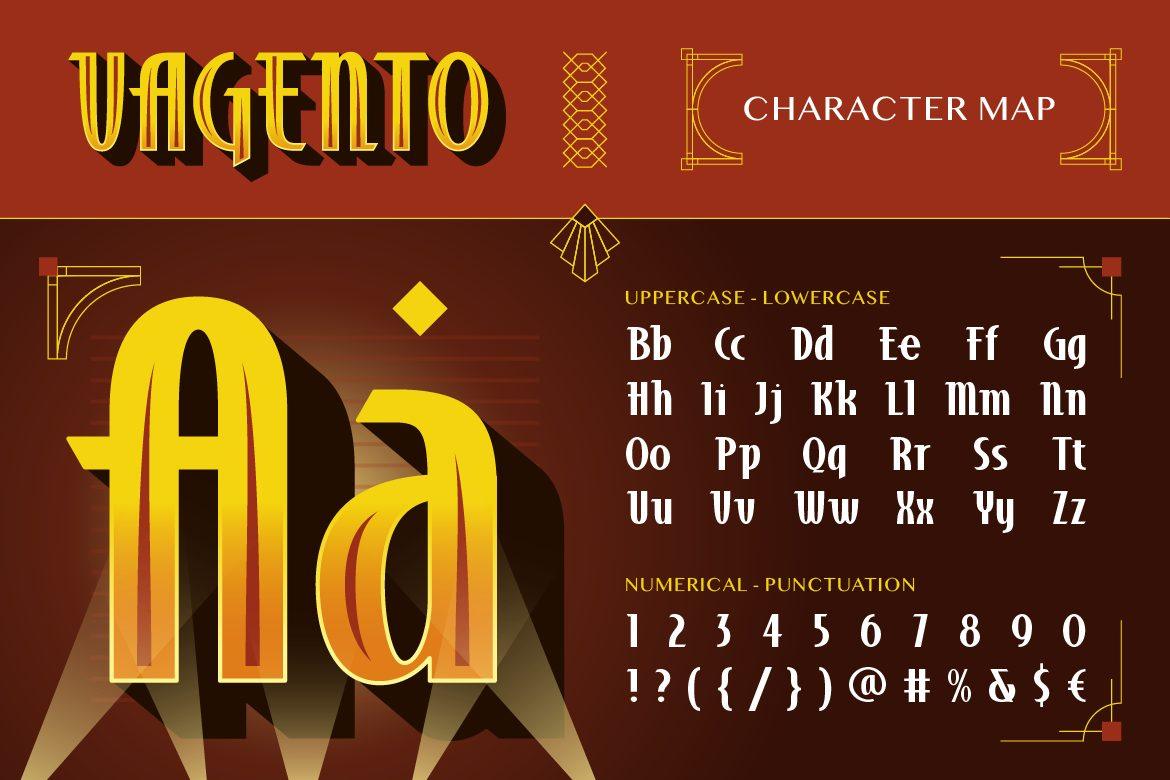 Vagento Font by Burntilldead character map with tall Art Deco uppercase, lowercase and numbers