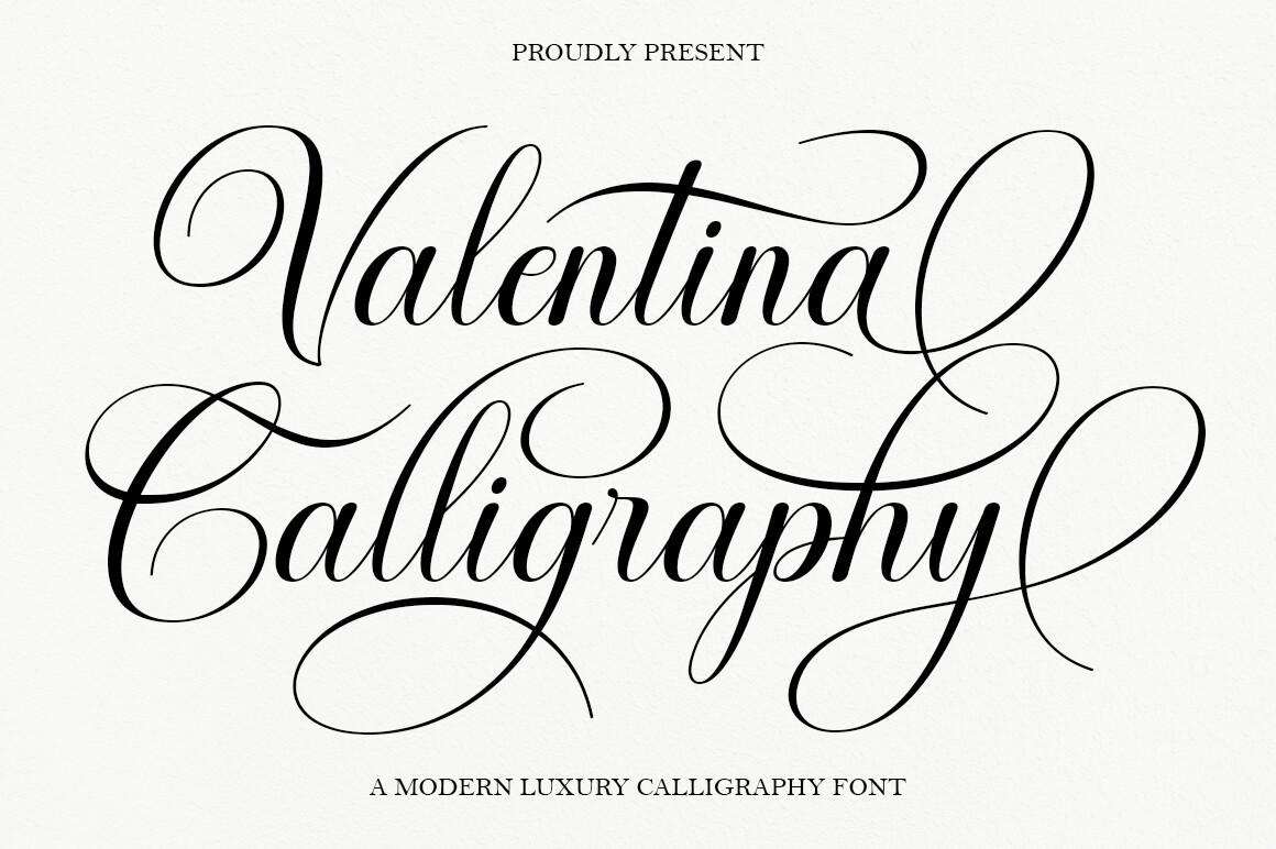 Valentina Calligraphy Font by Diorde Studio, black calligraphy script with large looped capitals on a white background, tattoo font preview