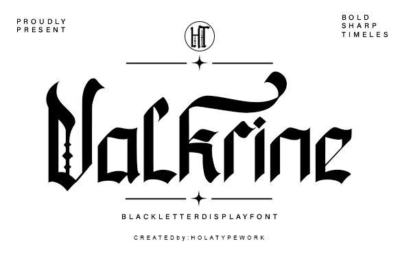 Valkrine Font by holatypework, bold black blackletter display font with a sweeping curved stroke on white, tattoo font preview