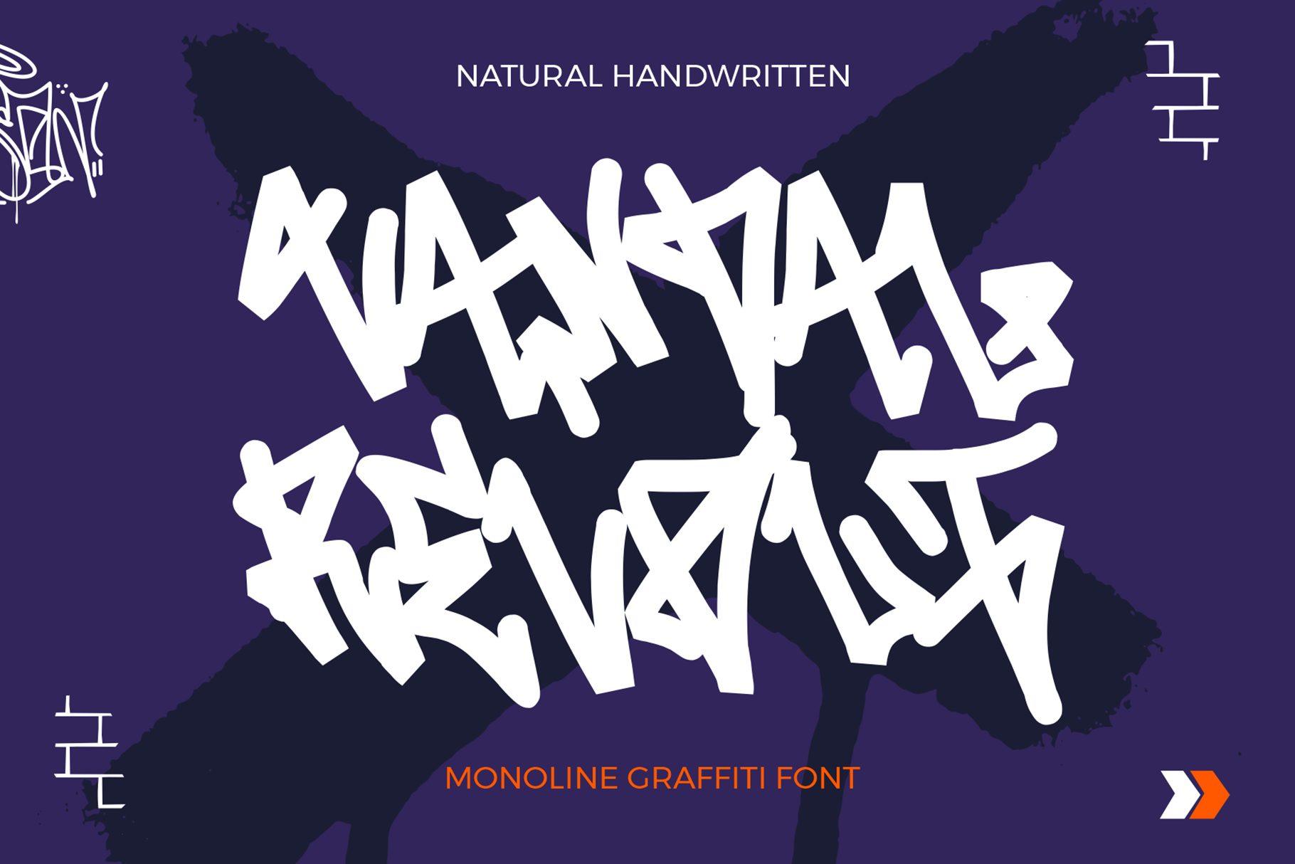Vandal Revolt Font by sipanji figuree, tangled hand-drawn tag letters on deep purple font preview