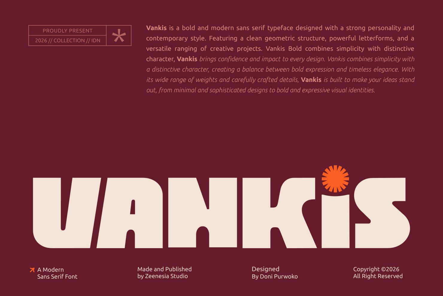 Vankis Font by zeenesia, soft chunky sans with rounded terminals in cream on burgundy