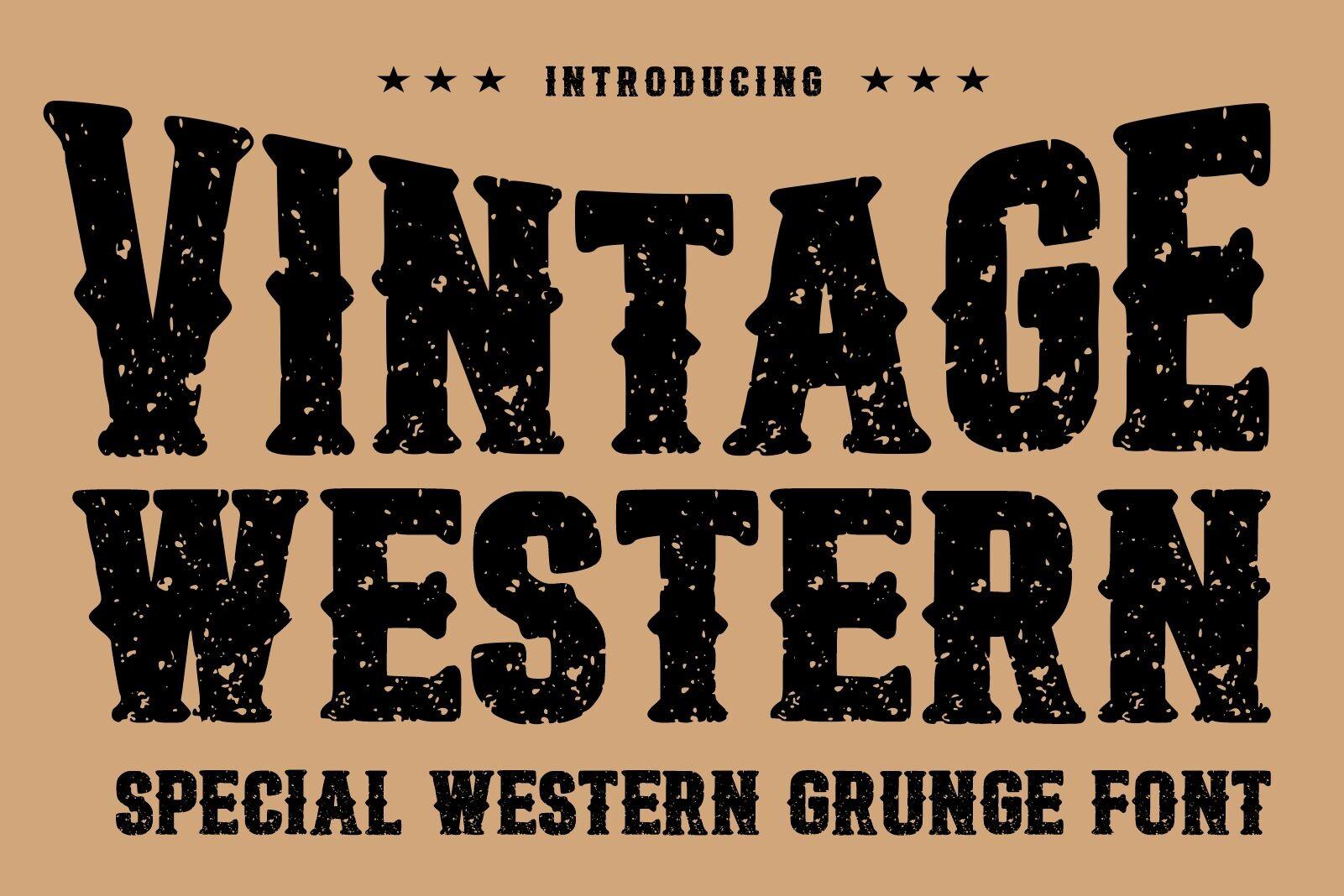 Vintage Western Font by Infinity art Studio, black worn condensed slab capitals on a tan preview