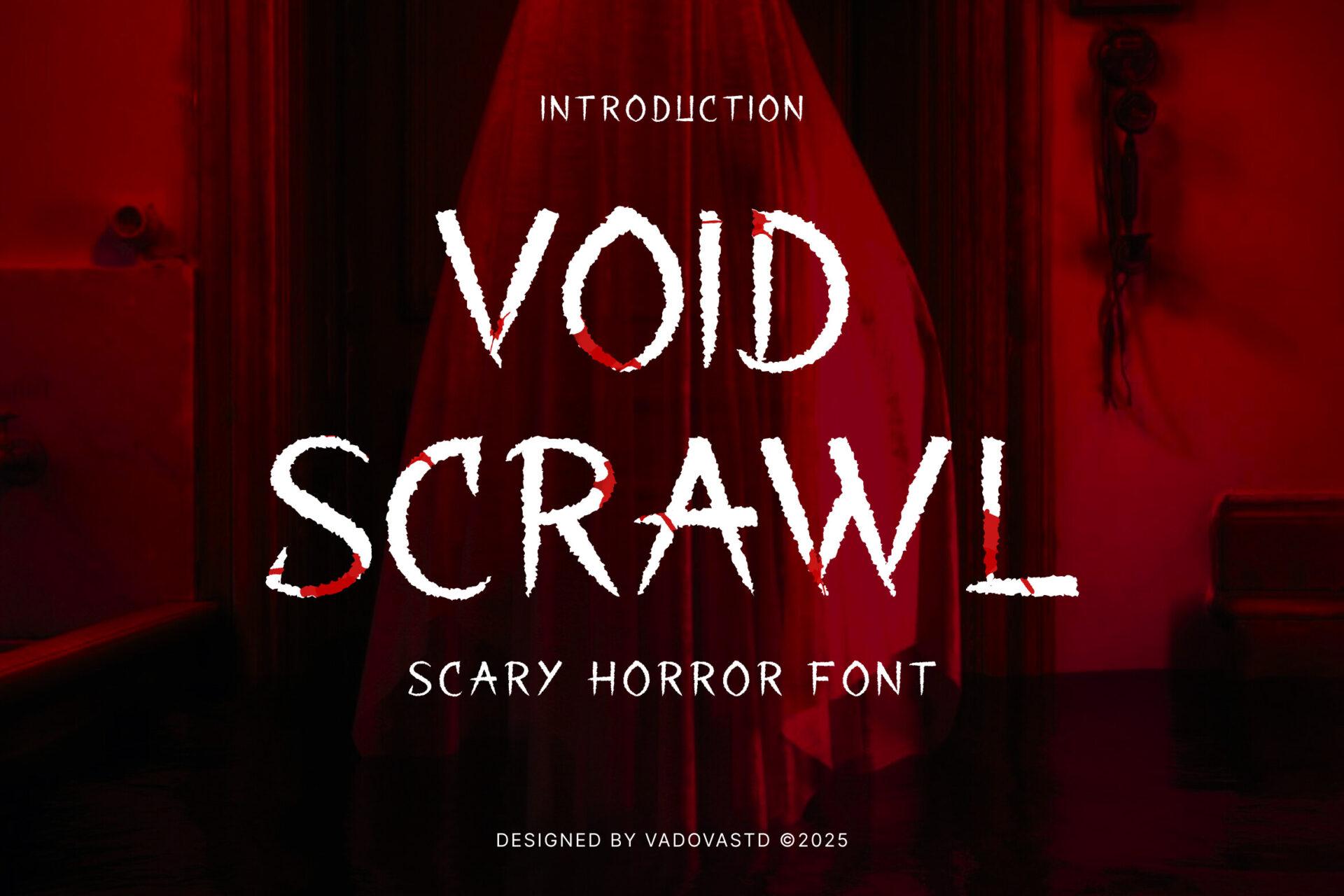 Void Scrawl Font by Vadova Std, thin scratched capitals with breaks in the strokes on a red background