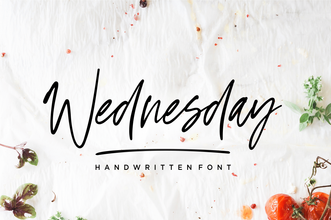 Wednesday Vibes Font by Sronstudio, thin black dry brush script with tall narrow letters next to fresh herbs