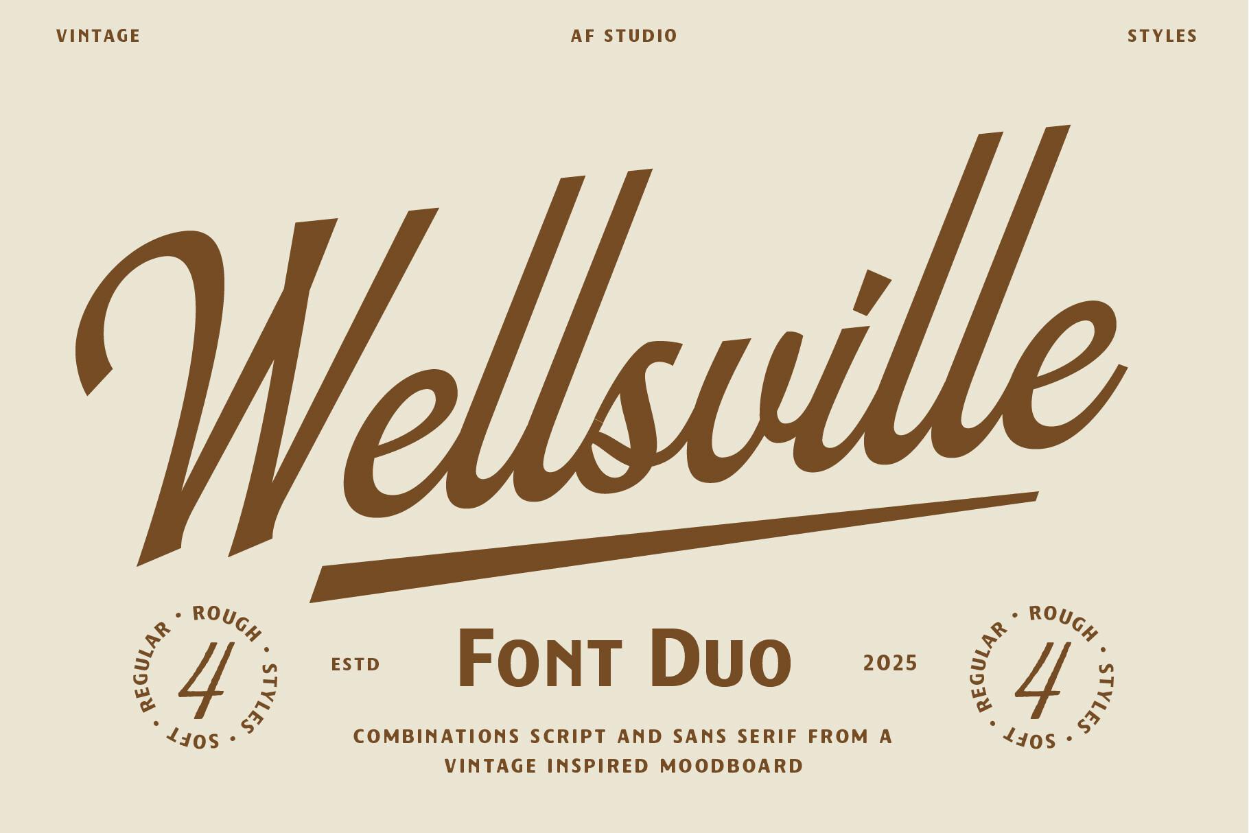 Wellsville Duo Font by Adam Fathony, slanted brown script with an underline swash and badges font pairing preview