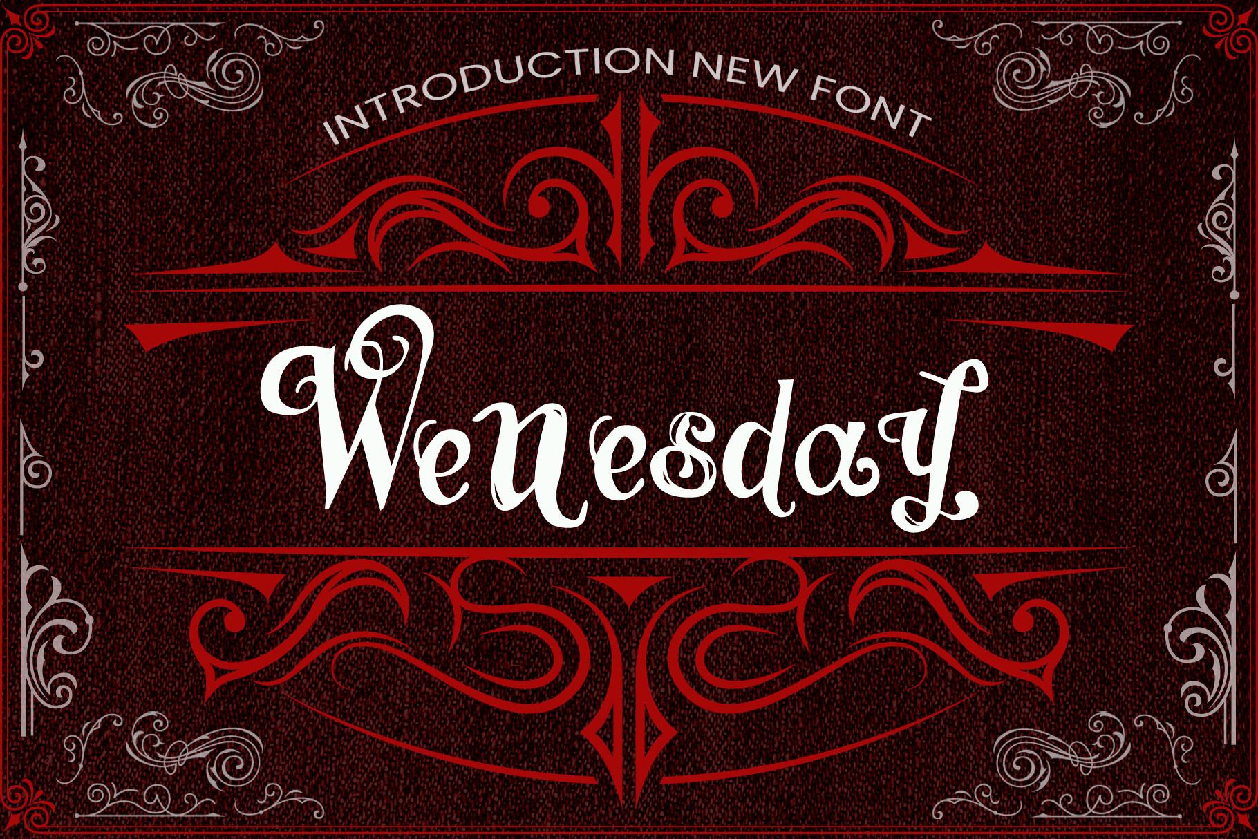 Wenesday Vintage Font by artstoreid, curly white swash letters on a dark red patterned preview with red flourishes