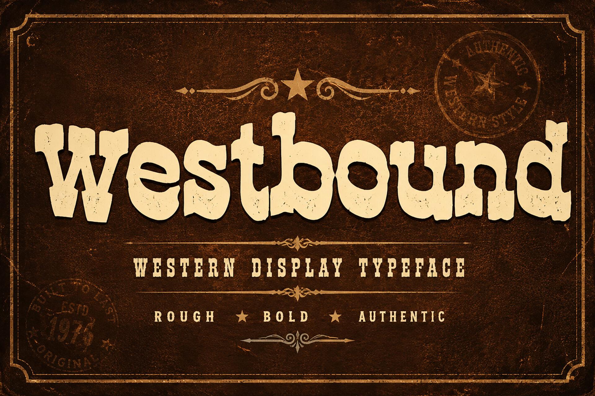 Westbound Font by BILLI, cream chunky mixed-case western letters on a dark brown preview with stamps