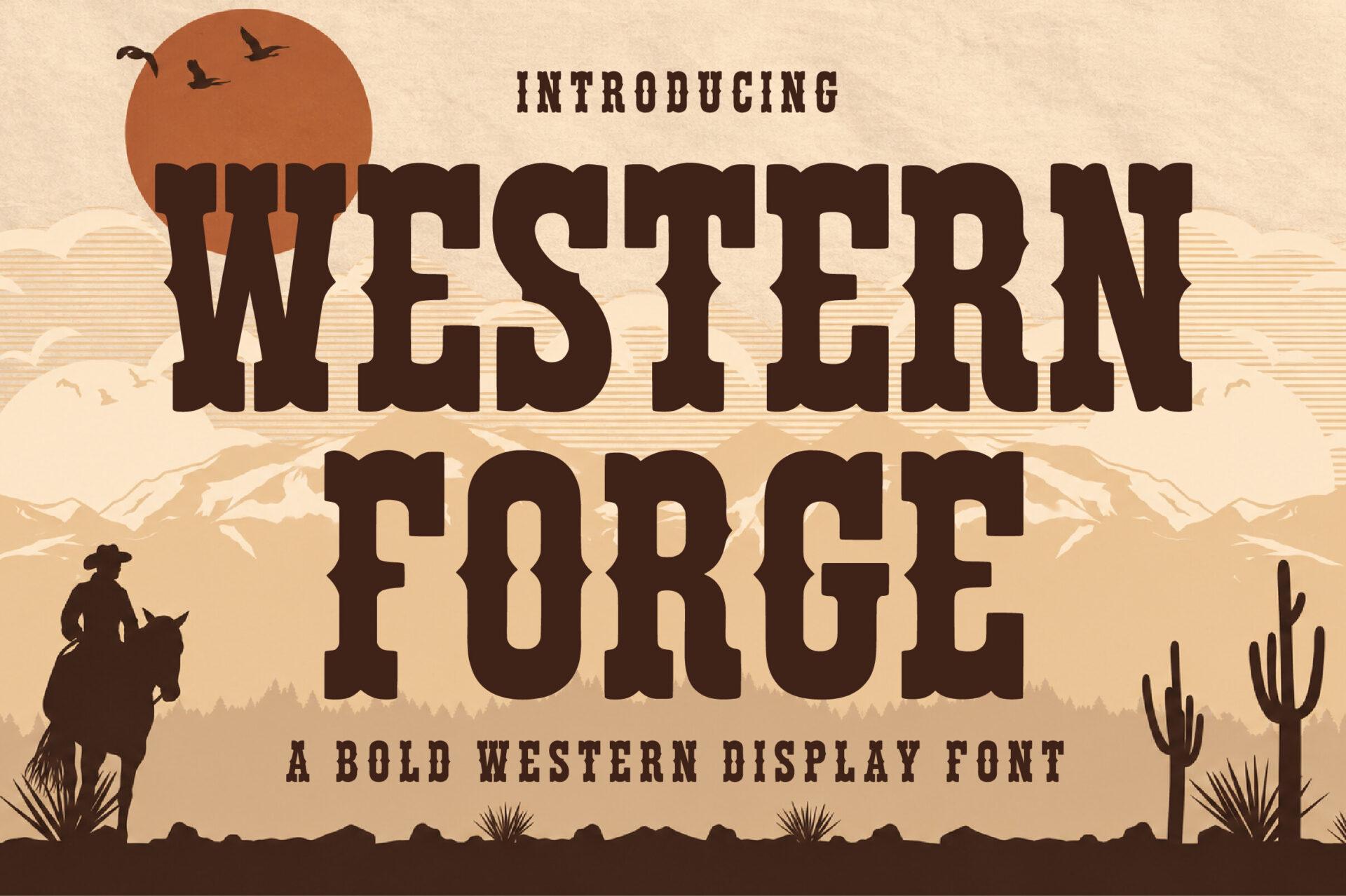 Western Forge Font by Craft Artist, tall brown condensed slab capitals over a rider silhouette and sun preview
