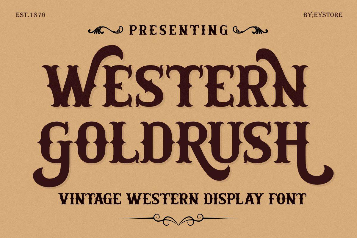 Western Goldrush Font by Eystore, dark maroon flared capitals with curling legs on a tan preview