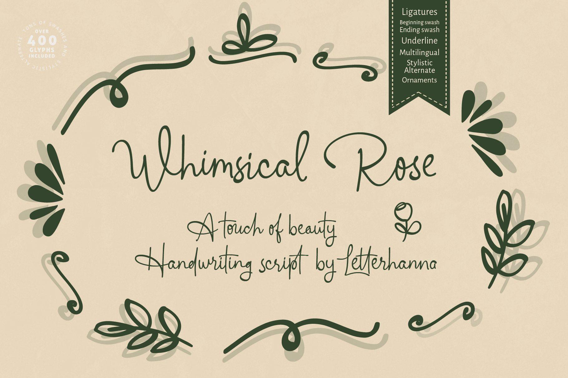Whimsical Rose Font by letterhanna, light handwriting script with ornaments font preview