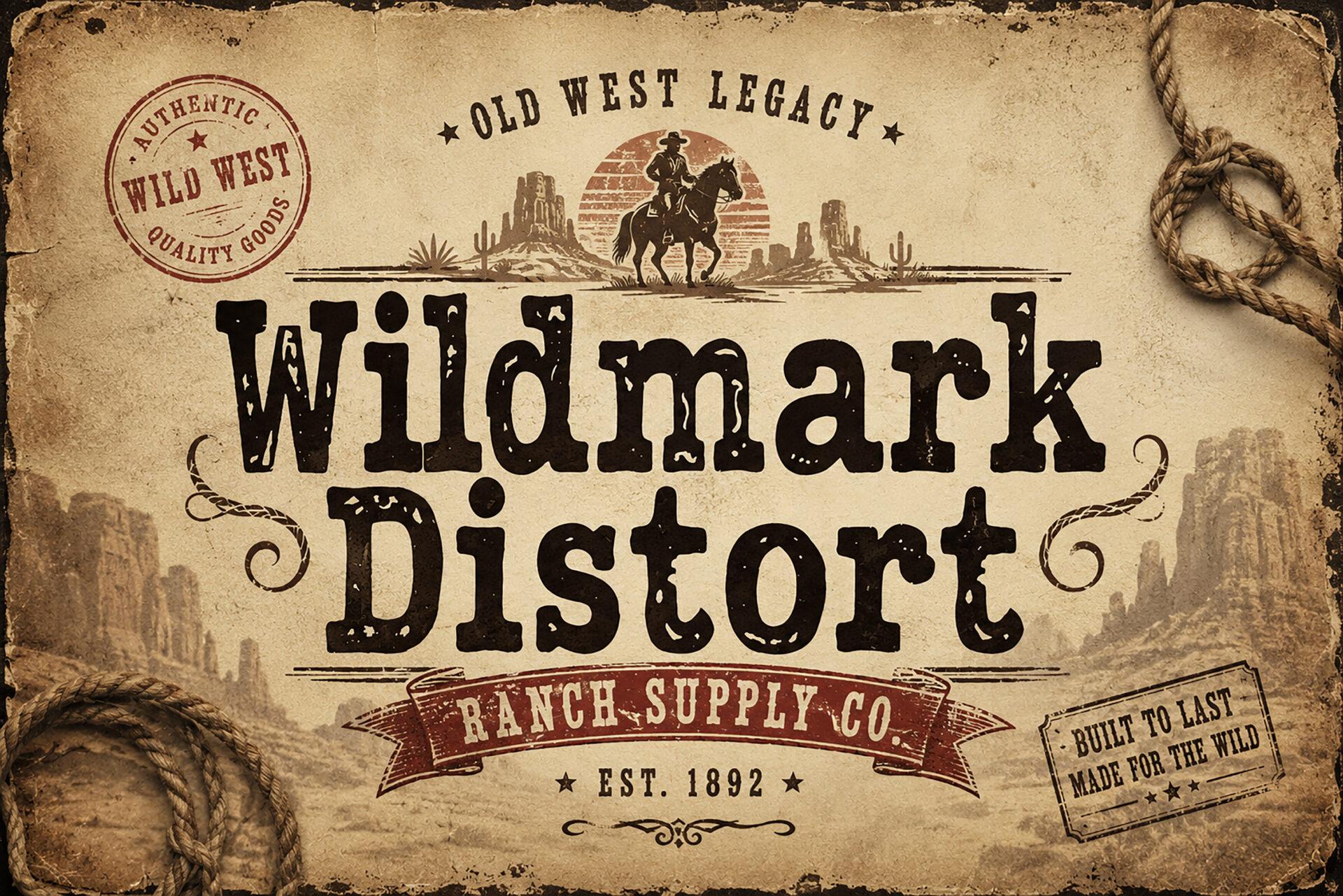 Wildmark Distort Font by BILLI, black distressed slab letters on an old paper ranch-supply label preview