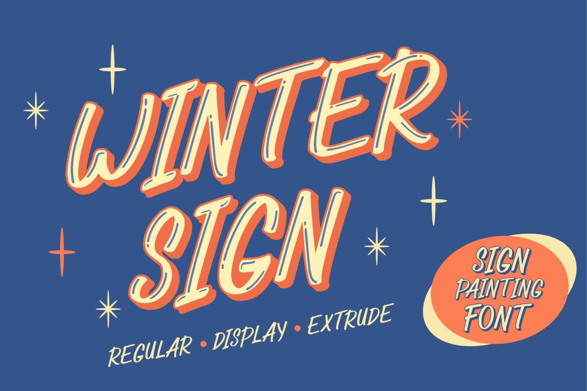 Winter Sign Font by attypestudio, cream italic capitals with an orange extruded shadow on a blue preview