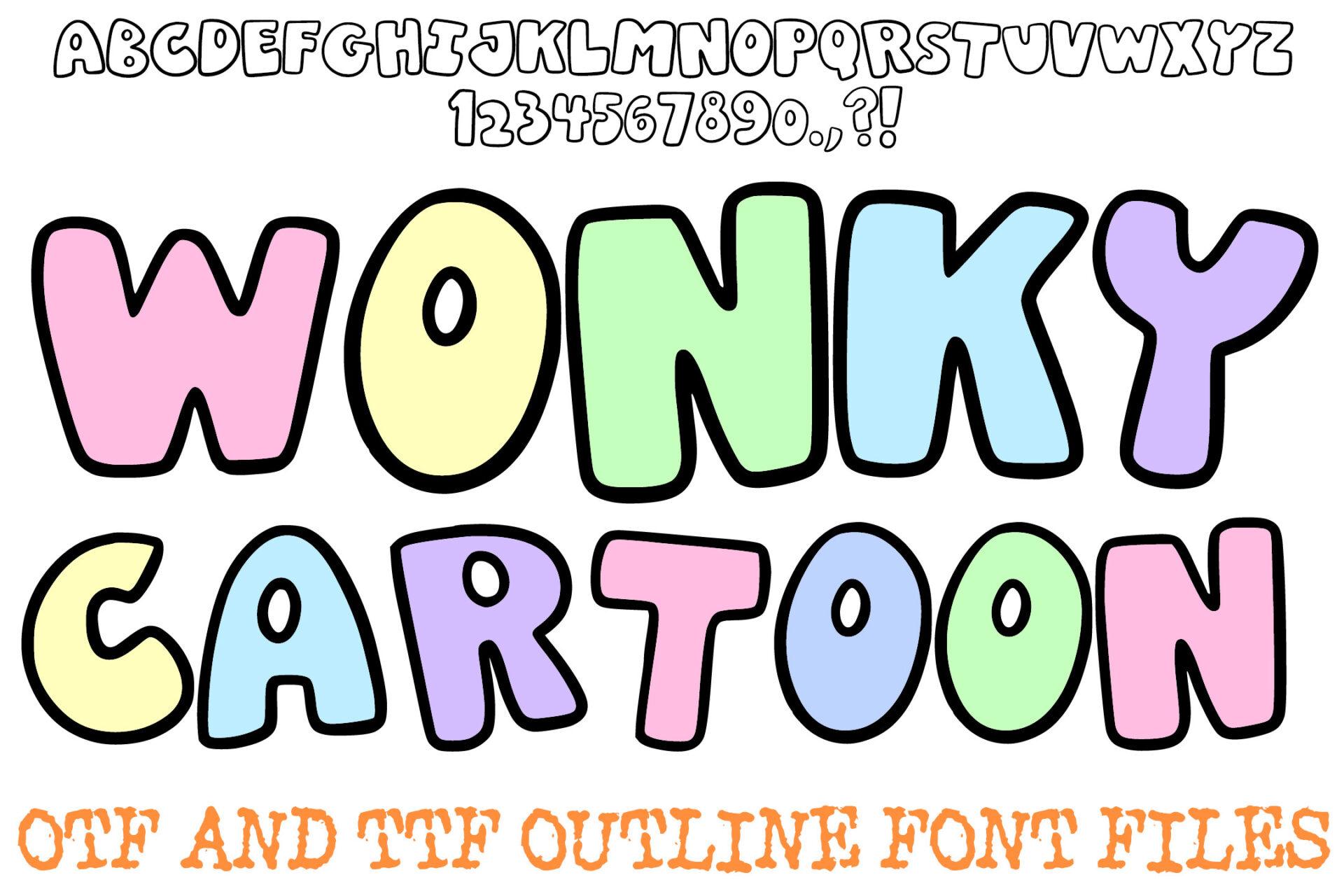 Wonky Cartoon Font by squeebcreative, bubbly pastel cartoon capitals with thick black outlines