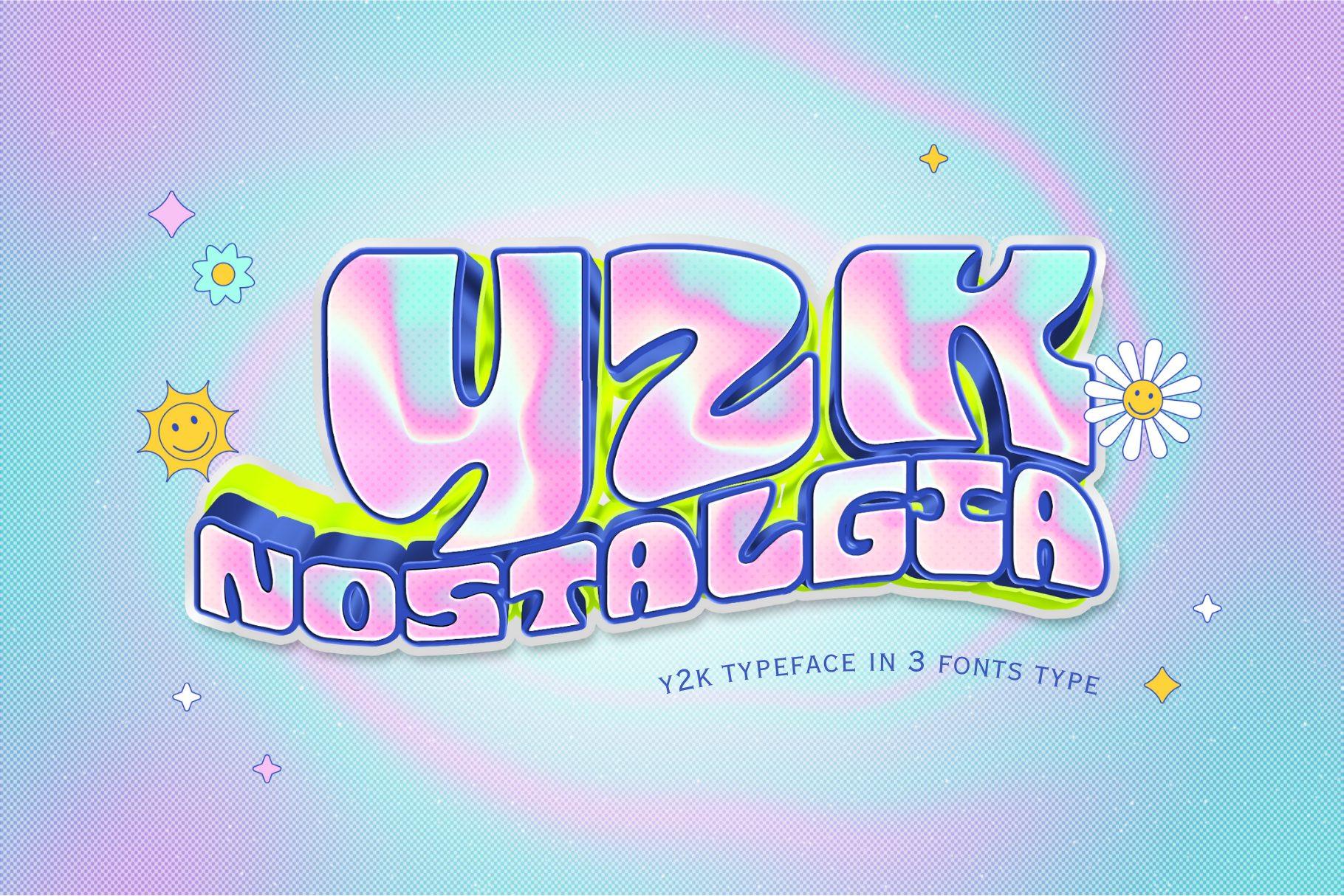 Y2k Nostalgia Font by Bambin, iridescent wavy Y2K letters on pastel holographic background