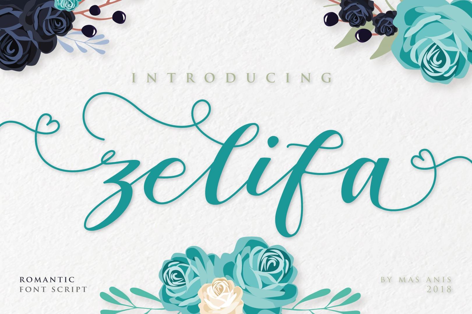 Zelifa Font by Mas Anis, teal romantic script with heart-shaped swash loops